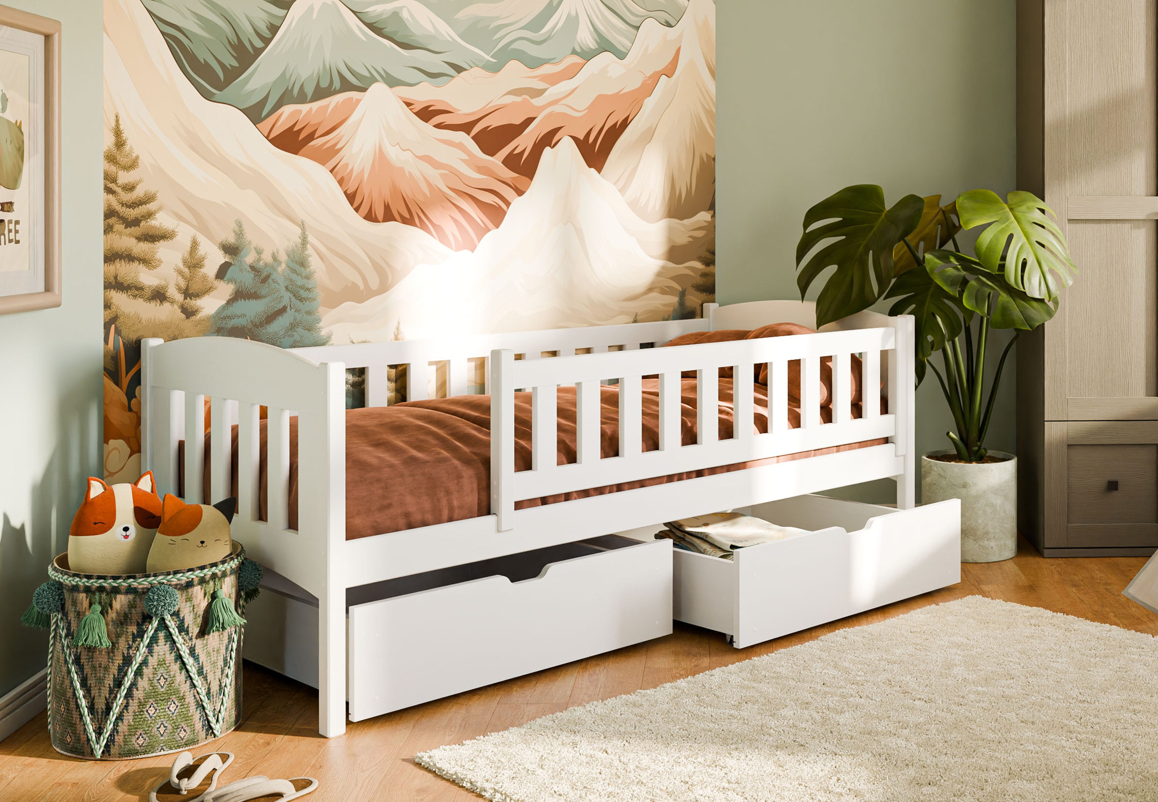 Kinderbett Einzelbett 90x200 mit zwei Schubladen aus Vollholz massiv