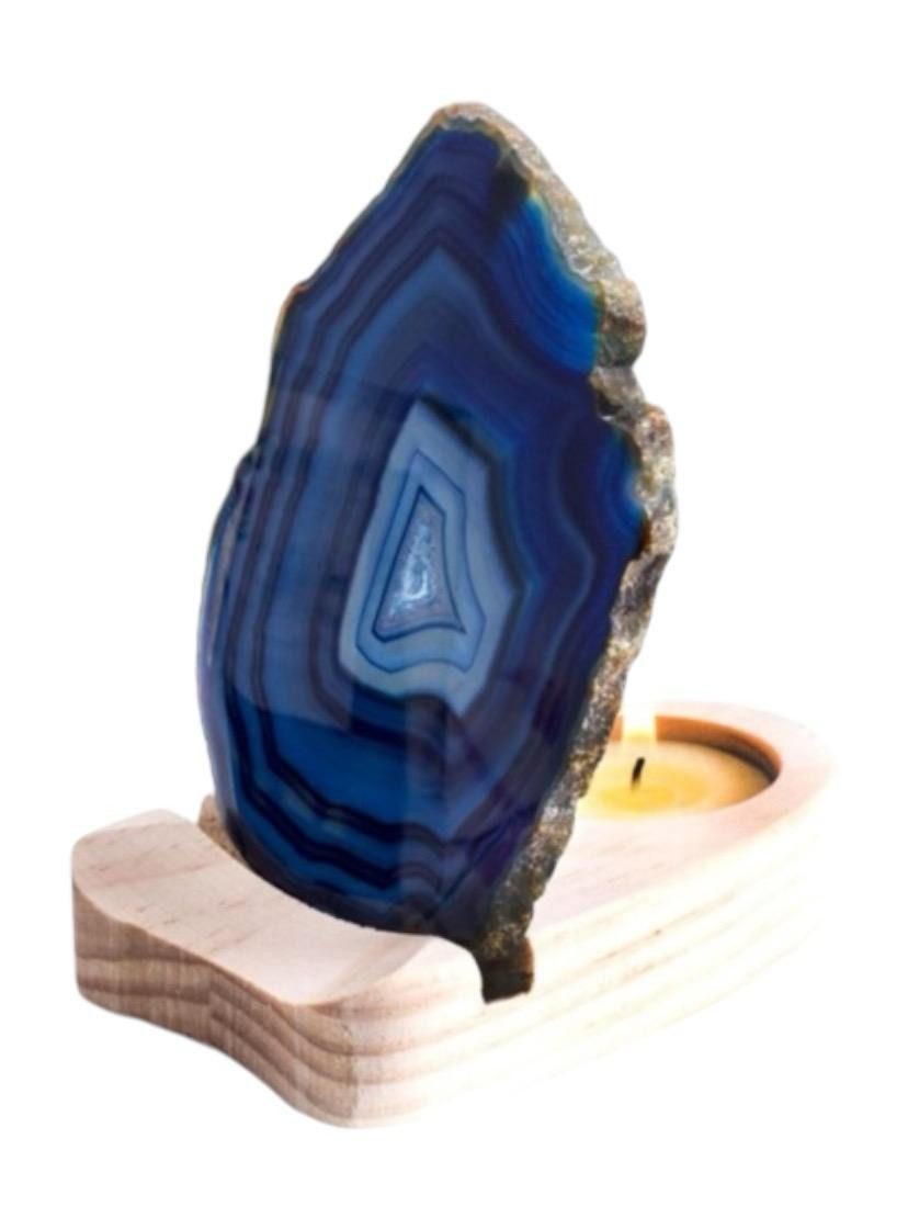 Edelstein Edelstein Lampe Achat Teelicht Blaue Achatscheibe Teelichthalter Holz