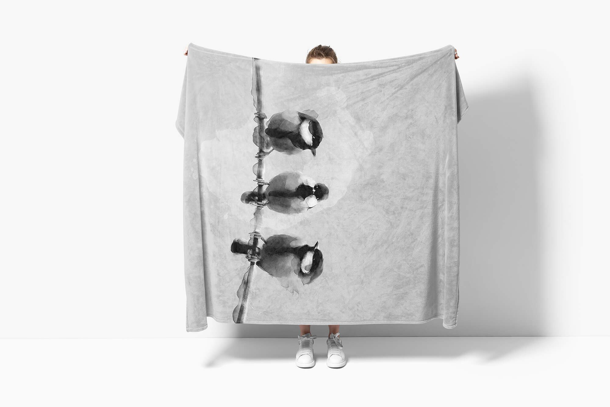 Baumwolle-Polyester-Mix drei Art Saunatuch Grau Motiv, Kuscheldecke kleine Handtuch Vögel Handtücher Strandhandtuch Sinus Handtuch (1-St),