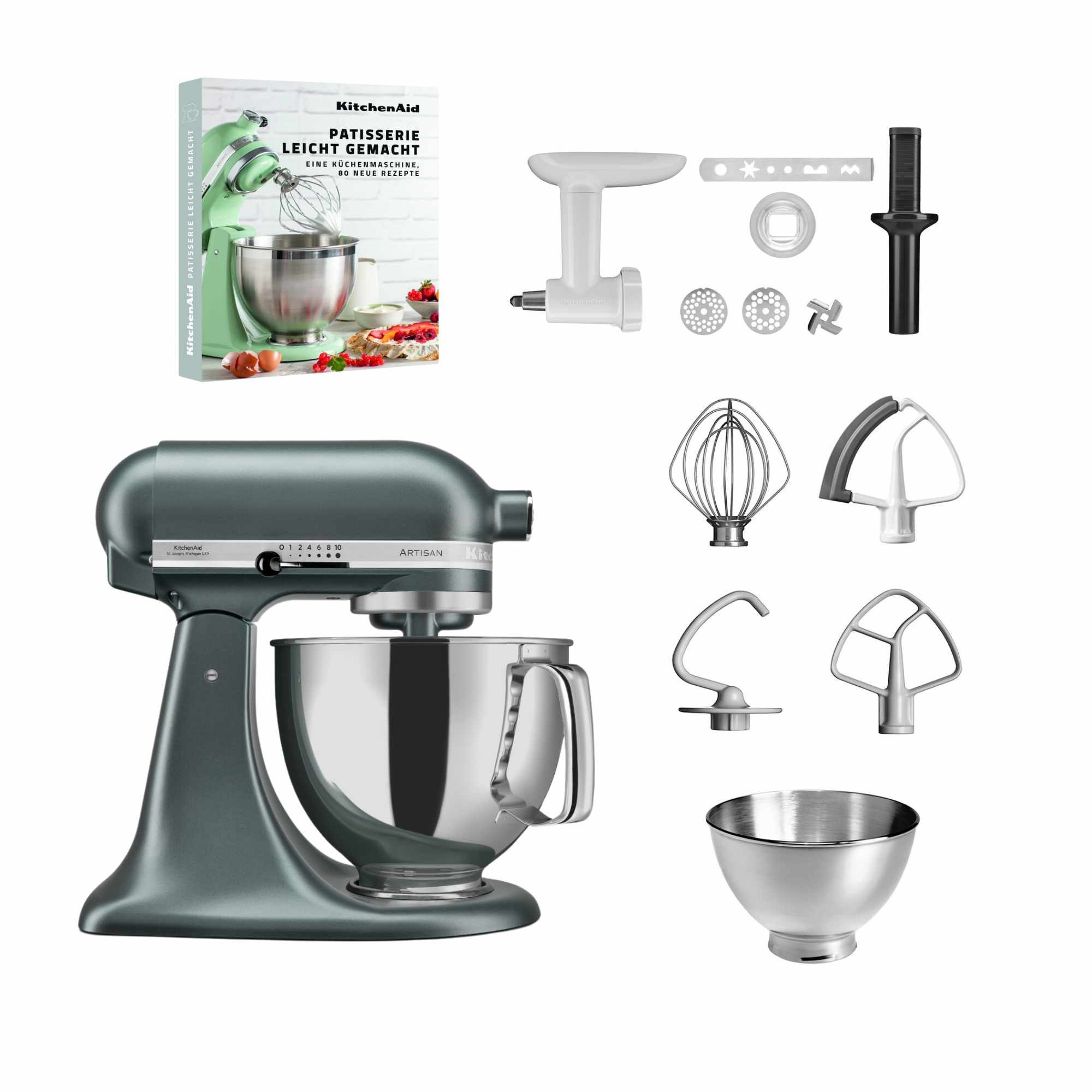 KitchenAid Küchenmaschine KitchenAid 4,8l 5KSM175 Artisan Fleischwolf, Spritzgebäckvorsatz, Buch