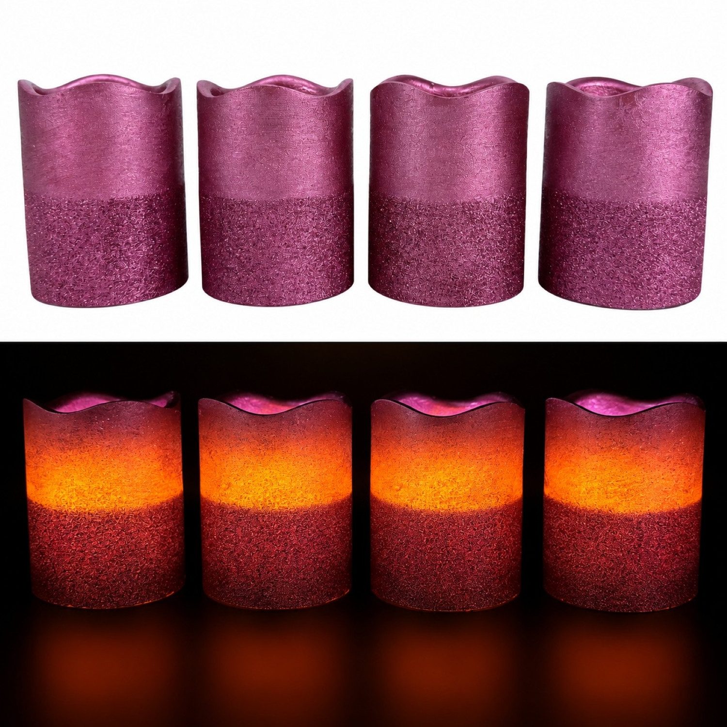 Online-Fuchs LED-Kerze 4 LED-Kerzen aus Echtwachs im Set mit Metallic Glitzer und Timer, KEINE Flamme, leuchtet aus dem Inneren, warmweißer Flackereffekt, praktische 6-Stunden Timerfunktion integriert