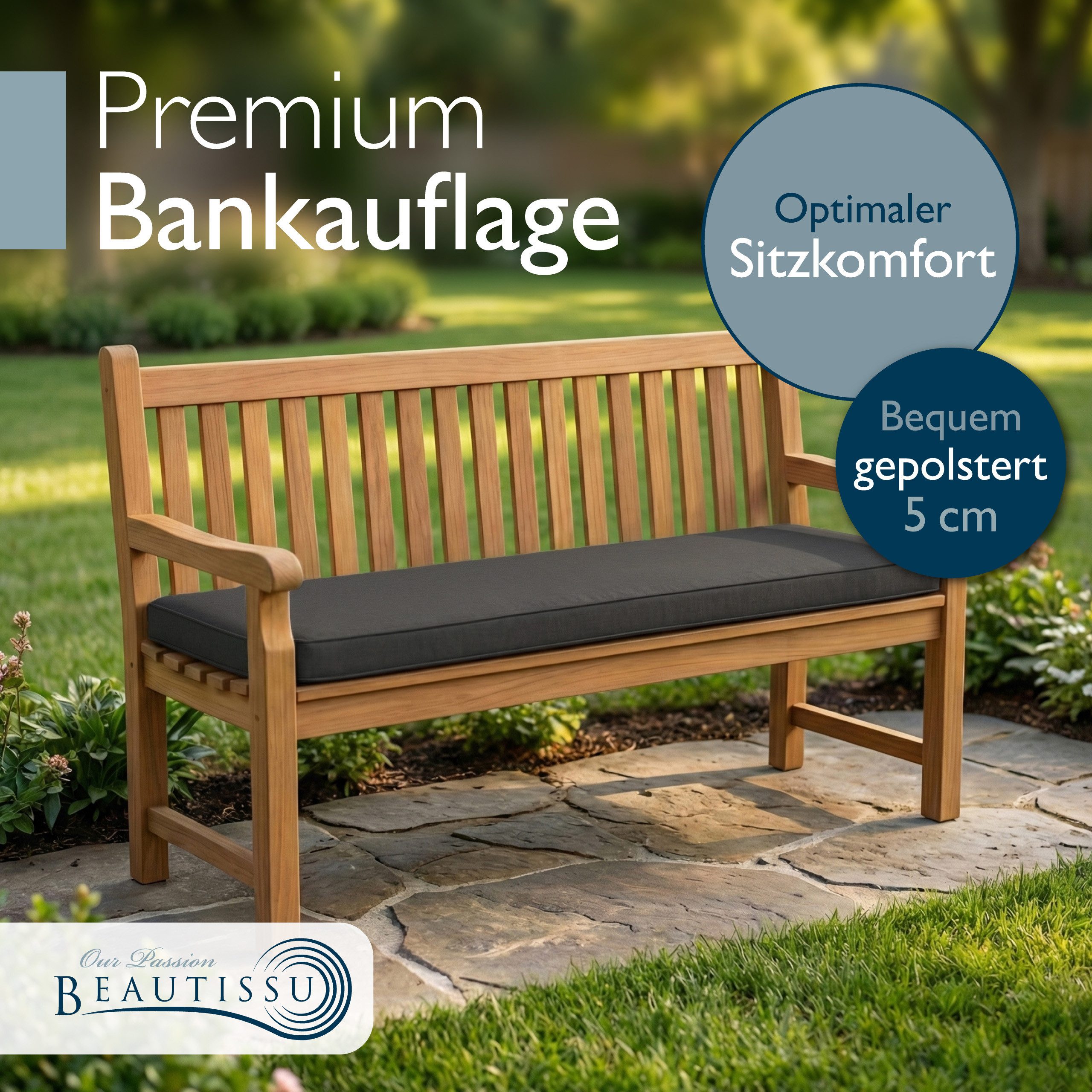 Beautissu Bankauflage Outdoor Bankauflage Calme BK 120x50x5cm Graphitgrau, Sitzkissen für Gartenbank, Bankpolster Outdoor & Hollywoodschaukel