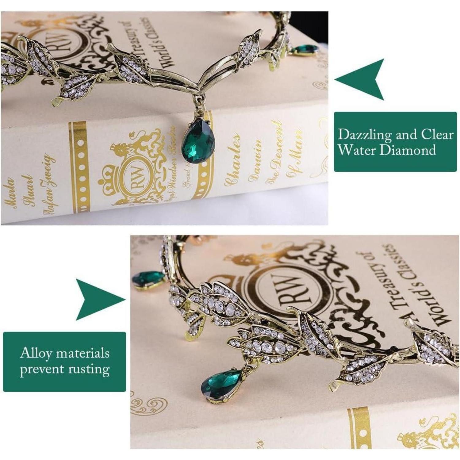 LuxusKollektion Schmuckset Elfen Kopfschmuck Vintage Grün Strass Tiara Kristallperlen Braut