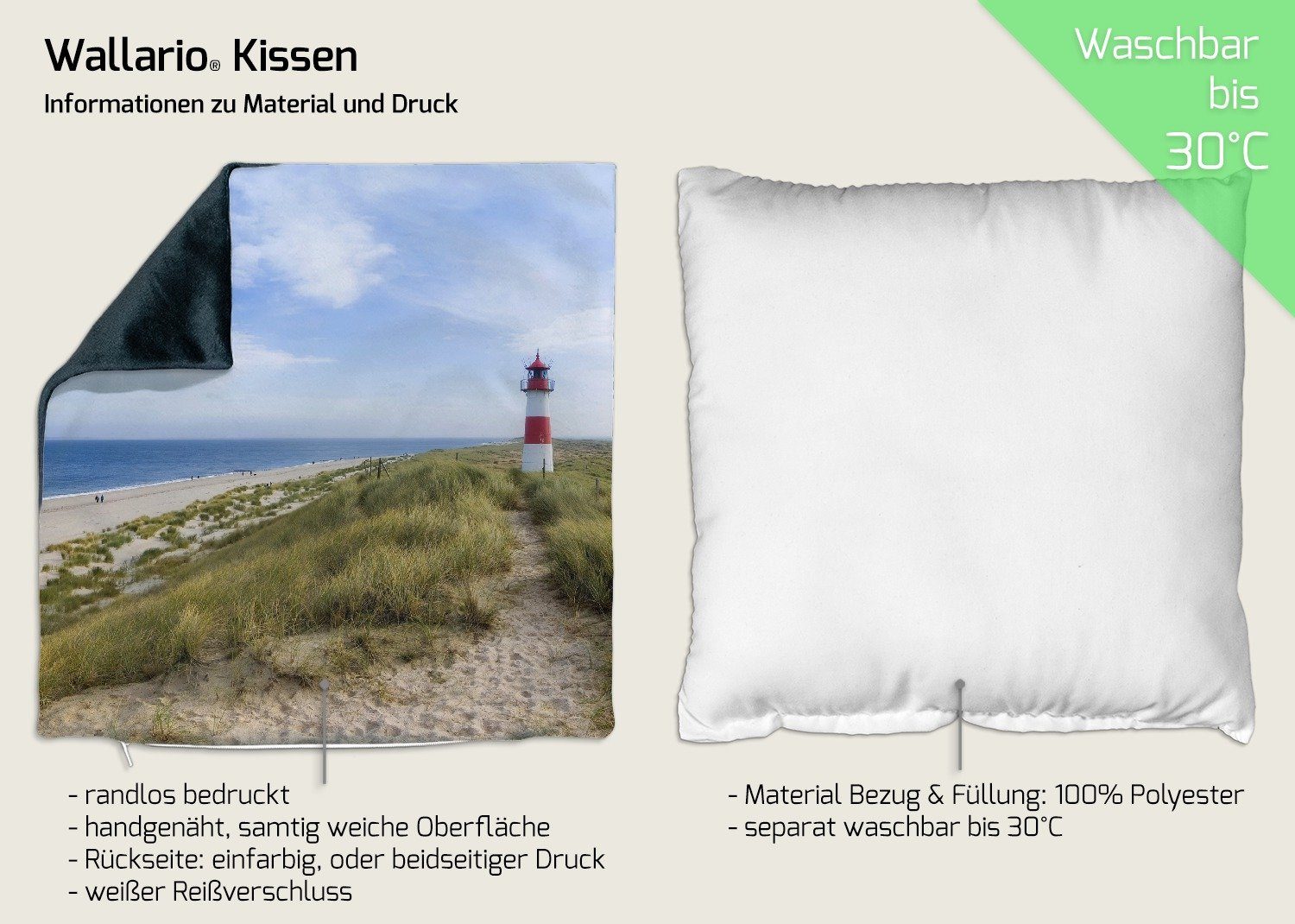 Am der Dekokissen Panorama, handgenäht Wallario von Düne Leuchtturm auf Strand Sylt