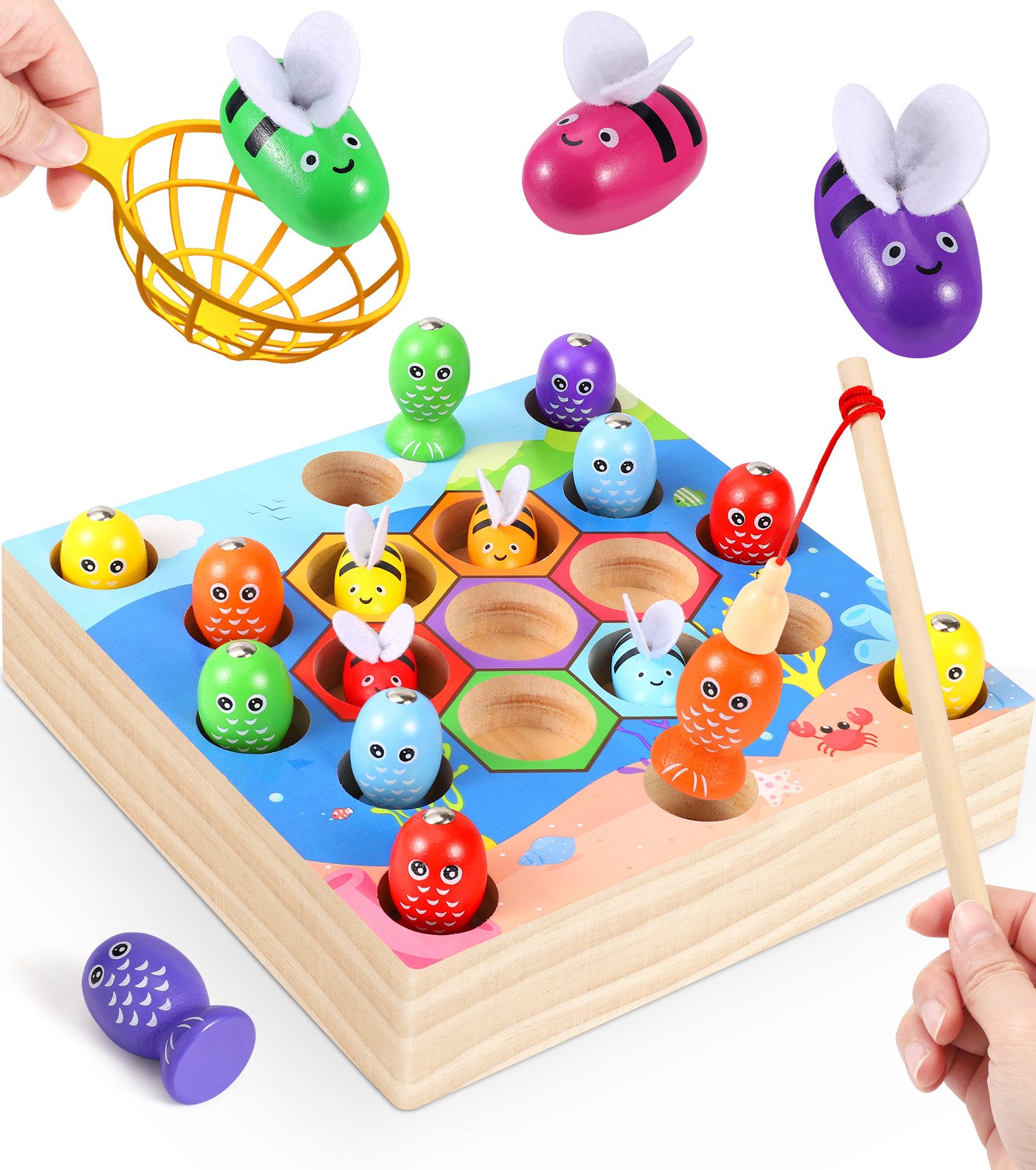 POPOLIC Lernspielzeug Magnetisches Angelspiel & Bienensortierspielzeug für Kleinkinder (1-St., Montessori-Holzspielzeug für 2-, 3- und 4-Jährige), pädagogisches Lernen der Motorik, Kindergeschenk