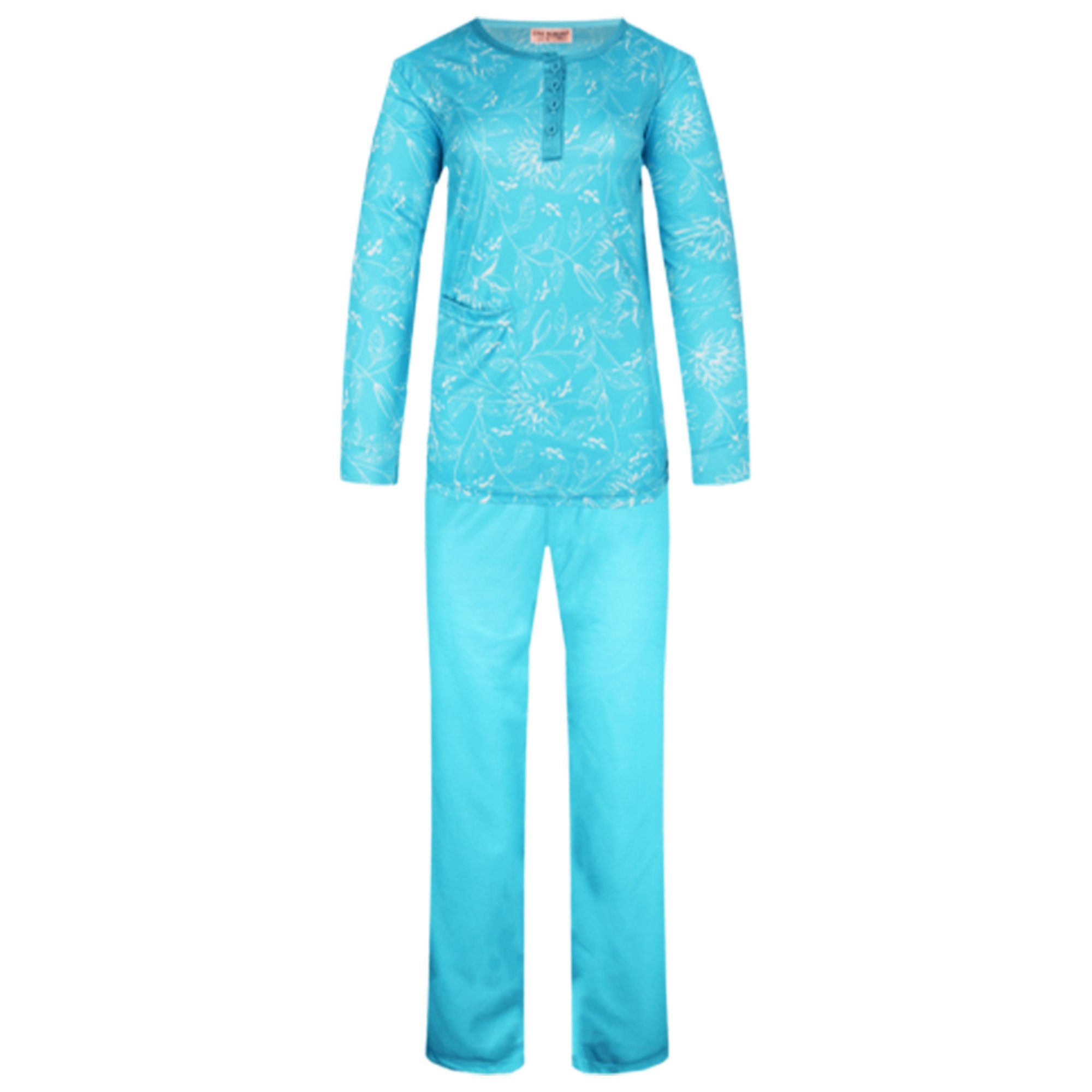 TEXEMP Pyjama Damen Pyjama Schlafanzug Set Baumwolle Langarm Nachtwäsche Lang (Set) 90% Baumwolle Türkis