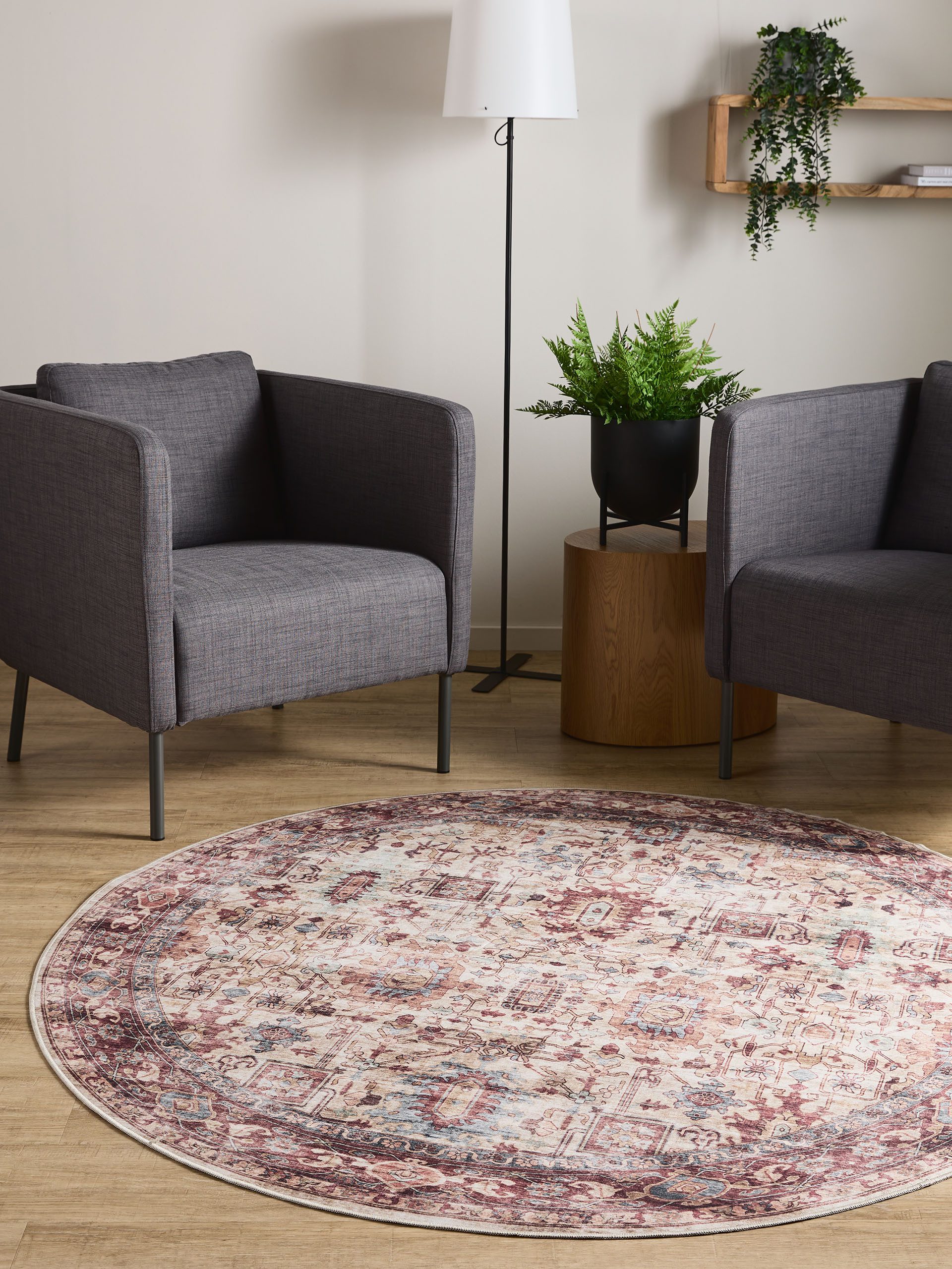 Interiyou Teppich Gent, Rund, Höhe: 5 mm, Vintage Kurzflor für Wohnzimmer, Schlafzimmer, waschbar, pflegeleicht