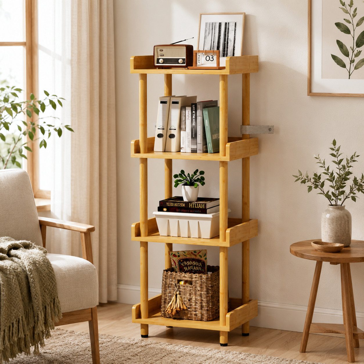 Yorbay Ablageregal Bambusregal 4 Ebenen Werkzeuglose Montage Stabil 80 kg Belastbar, Set, 40x30x110cm Natürliches Design für Wohnzimmer Küchen und Badezimmer