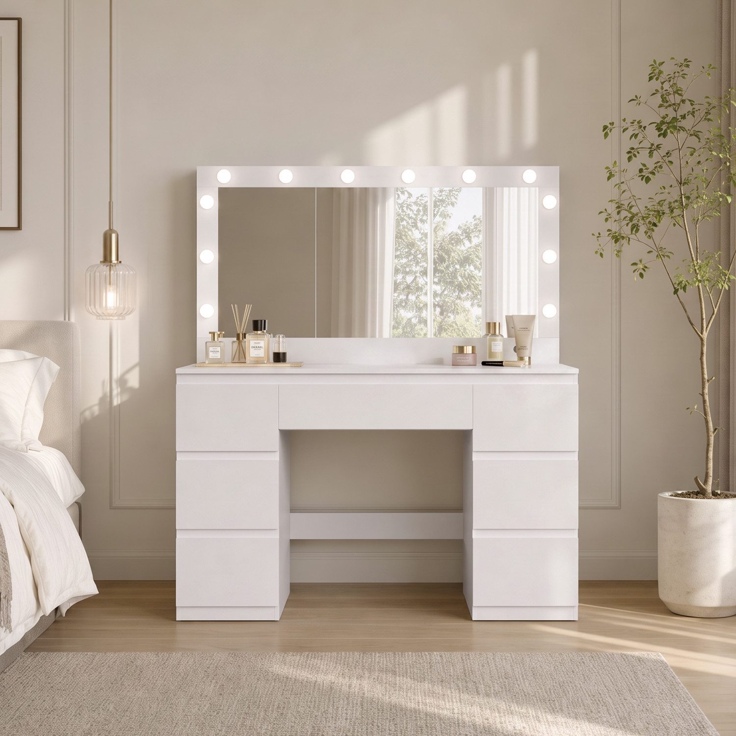 HOMALL Schminktisch mit großem Spiegel, 120 cm, 7 Schubladen, Schmuckschrank (XXL-Spiegel 106×51 cm (30×51 aufklappbar m. Schmuckschrank) · 120 cm · 7 Schubladen · LED-Birne · 2 Steckdosen+USB/Type-C · E1-MDF · 2 Farben · Hocker opt)