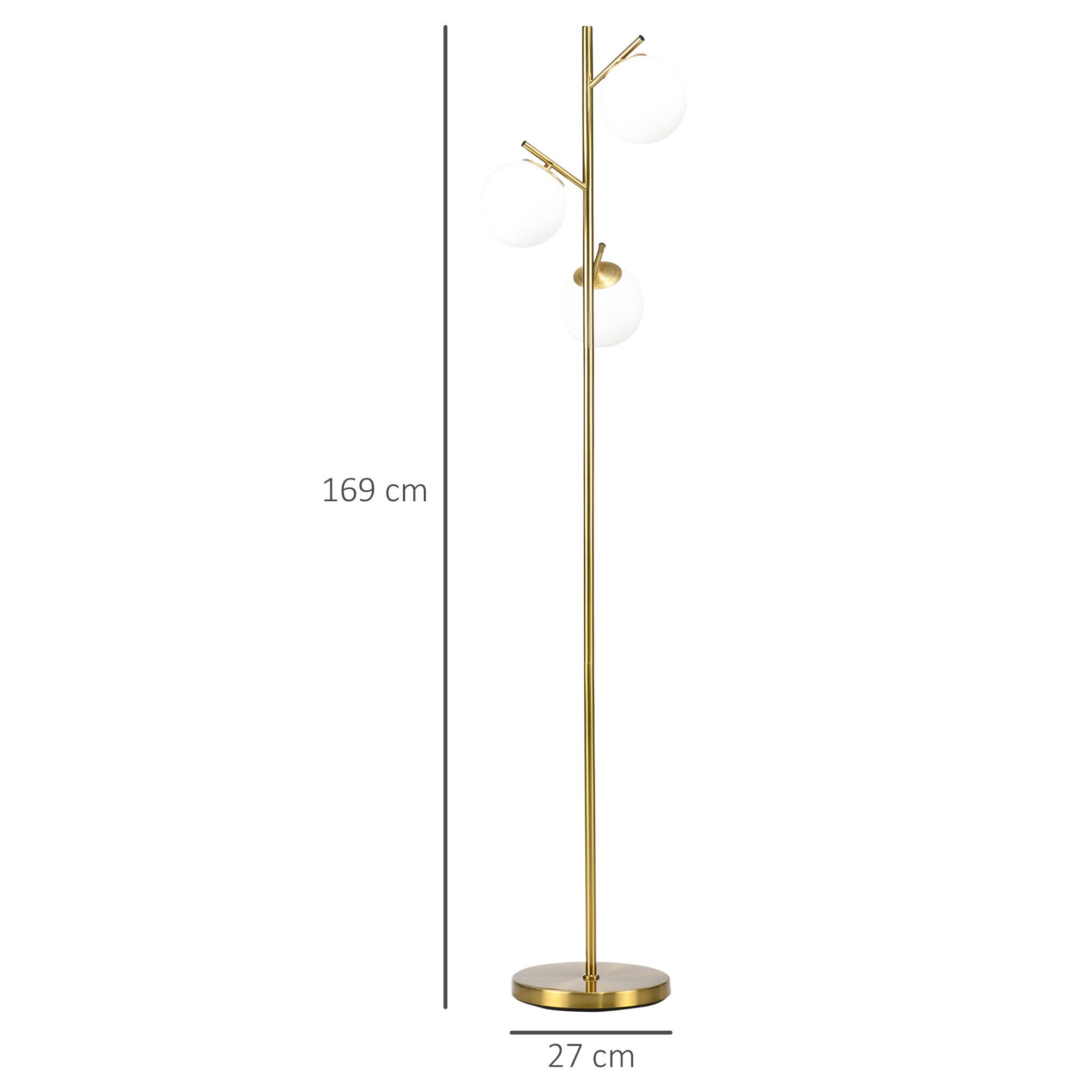 HOMCOM Stehlampe Wohnzimmer Stehleuchte mit 3 E27 Fassungen, exkl. Glühbirne, Gold, Metall, Glas Ø27 x 169 cm. Reduzierter Preis € 83,90. Unverbindliche Preisempfehlung € 125,90