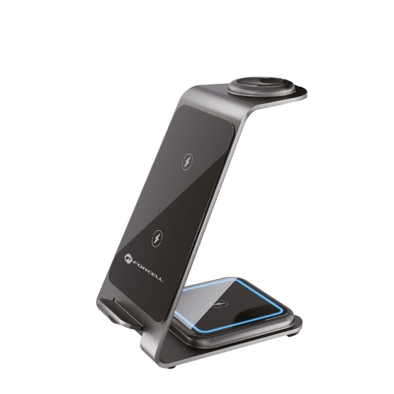 Forcell Simply Charge Wireless Charger (2000 mA, Einzelgerät, Einzelladegerät mit USB-C-Kabel, 3in1 Ladegerät, 15 W, Qi, Alu, USB-C, Schnellladung, grau)