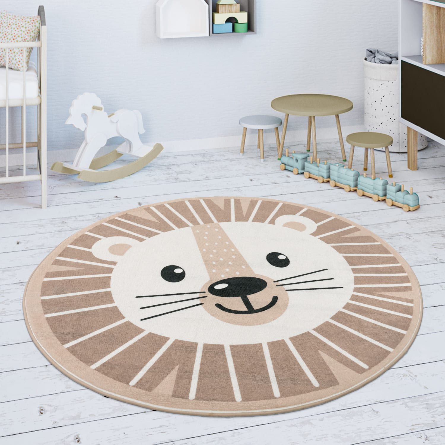 KADIMA DESIGN Kinderteppich waschmaschinenwaschbar Löwe Kinderzimmer Kinderteppich, Rund, Höhe: 4 mm, 100% Polyester, Rücken aus Felt + Dots, Rund, 80Dcm, Beige