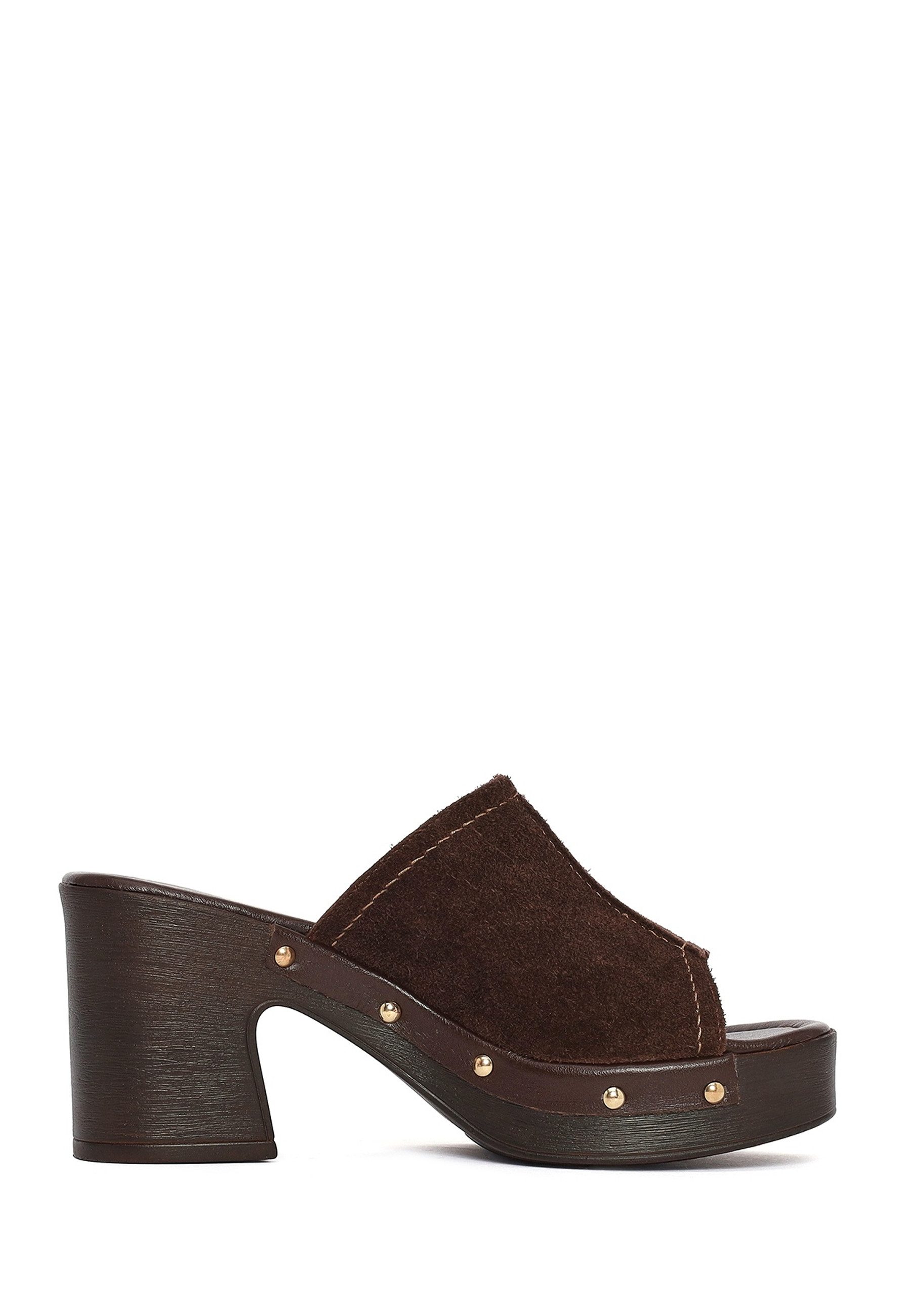 Derimod Pantoletten mit hohem Absatz aus Veloursleder Mules Echtes Leder, TPU-Sohle, Slip-On-Stil, Plateauabsatz, Nietenakzent