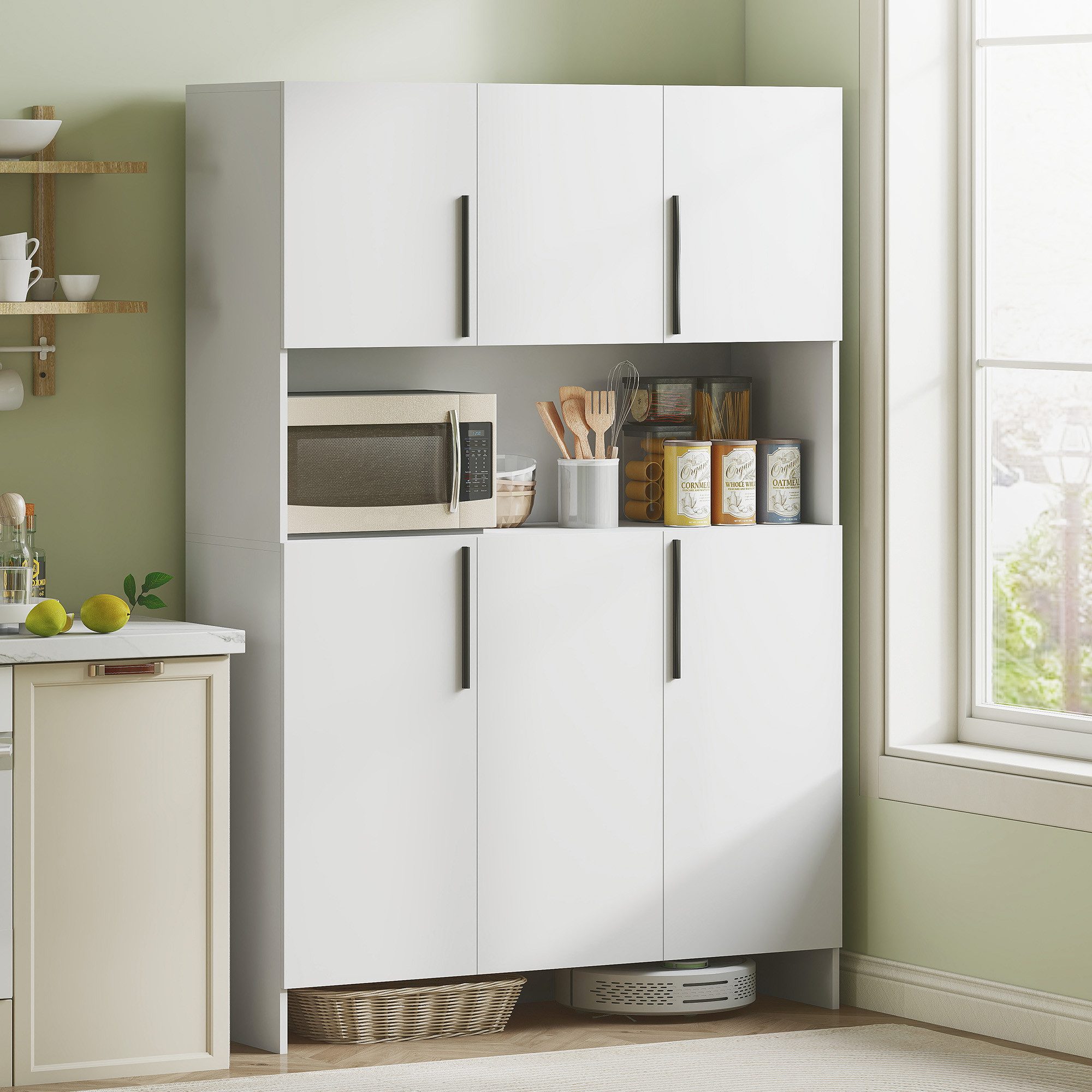 HOMCOM Küchenbuffet Küchenschrank mit Arbeitsplatte 4 Schränken geräuschlosen Scharnieren (Küchenschrank, Hochschrank) Mikrowellenschrank mit Modernem Design, Weiß