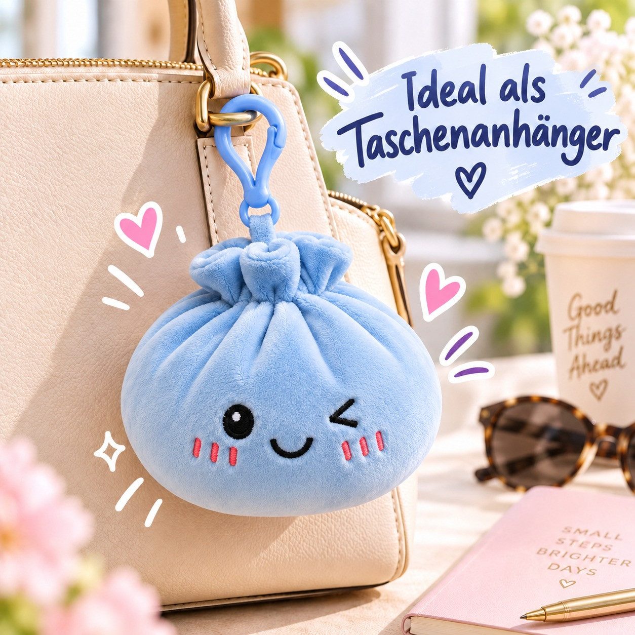 Bert Struis Gepäckanhänger Kawaii Dumpling Bagclip Taschenanhänger Schlüsselanhänger 12cm blau (Set, 1-St., Geschenk-Set) Plüschanhänger mit niedlichem Kawaii-G – Bild 5 von 5