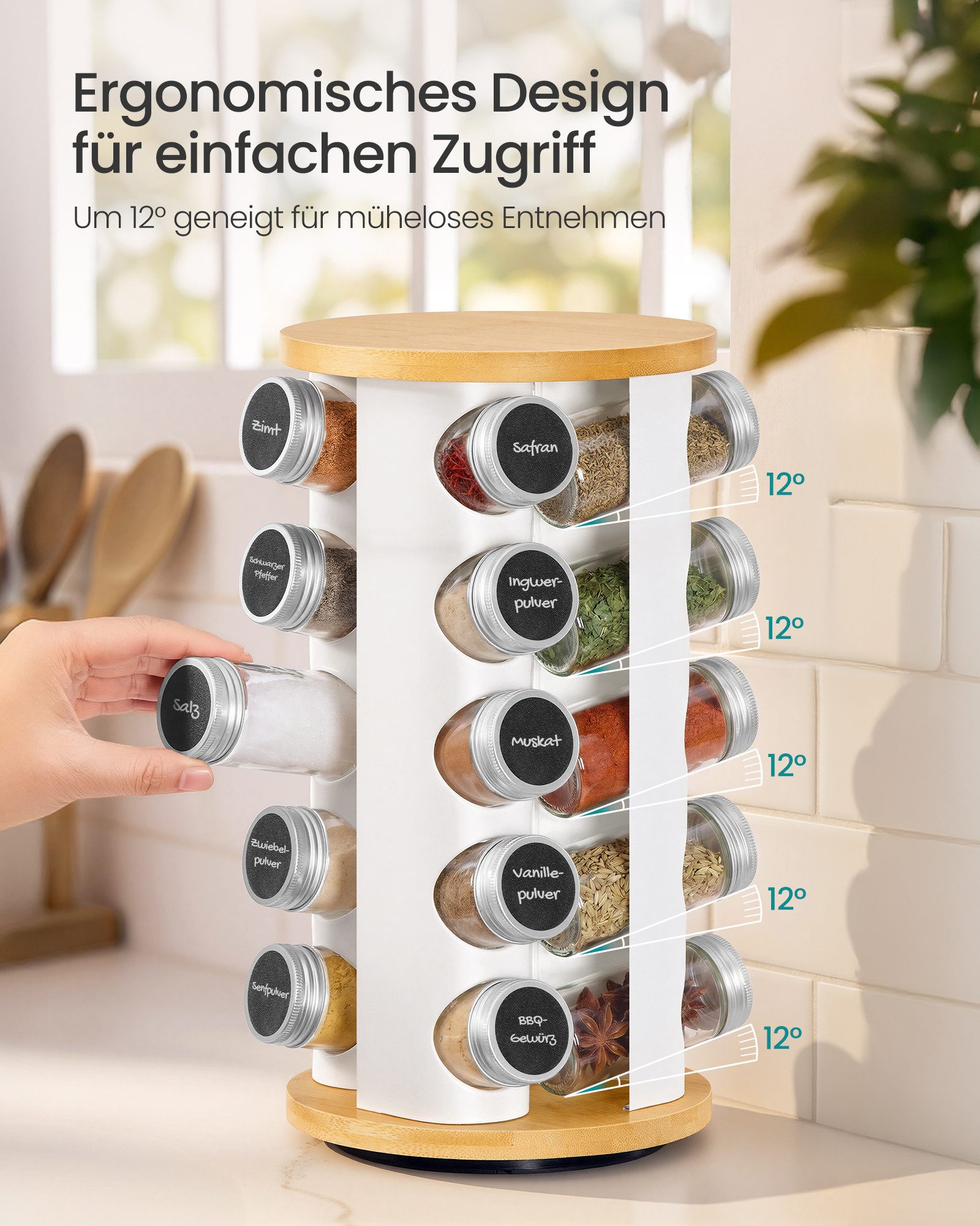 SONGMICS Gewürzregal drehbar, mit 20 Gewürzgläsern, Gewürz-Organizer, Küchenregal, mit Etiketten und Zubehör – Bild 5 von 5