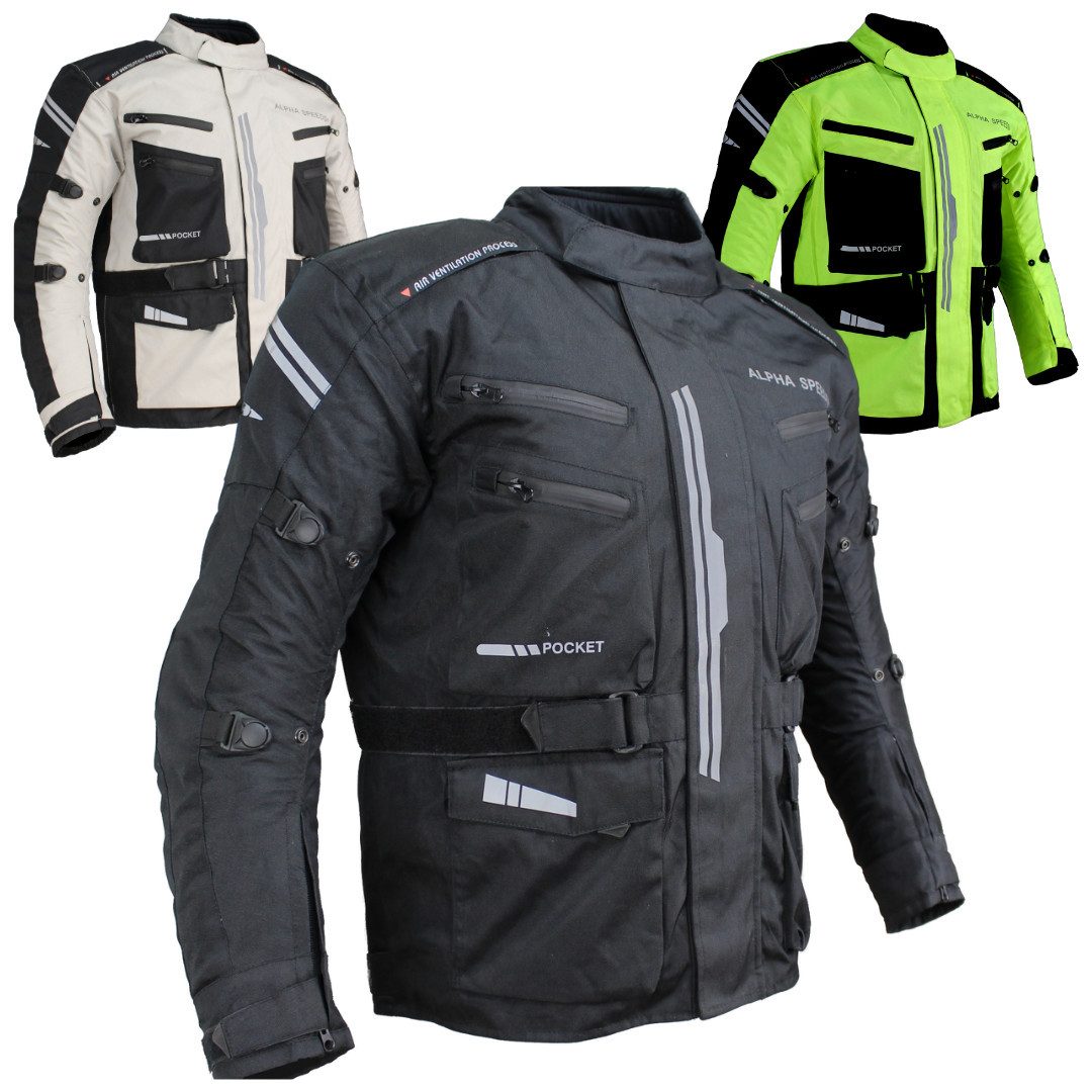 Alpha Speeds Motorradjacke JET PRO, All-Saison Motorradjacke inklusive Protektoren (2026) Abnehmbares Membran + Futter, 7 Belüftungen, 10 Taschen, in Schwarz