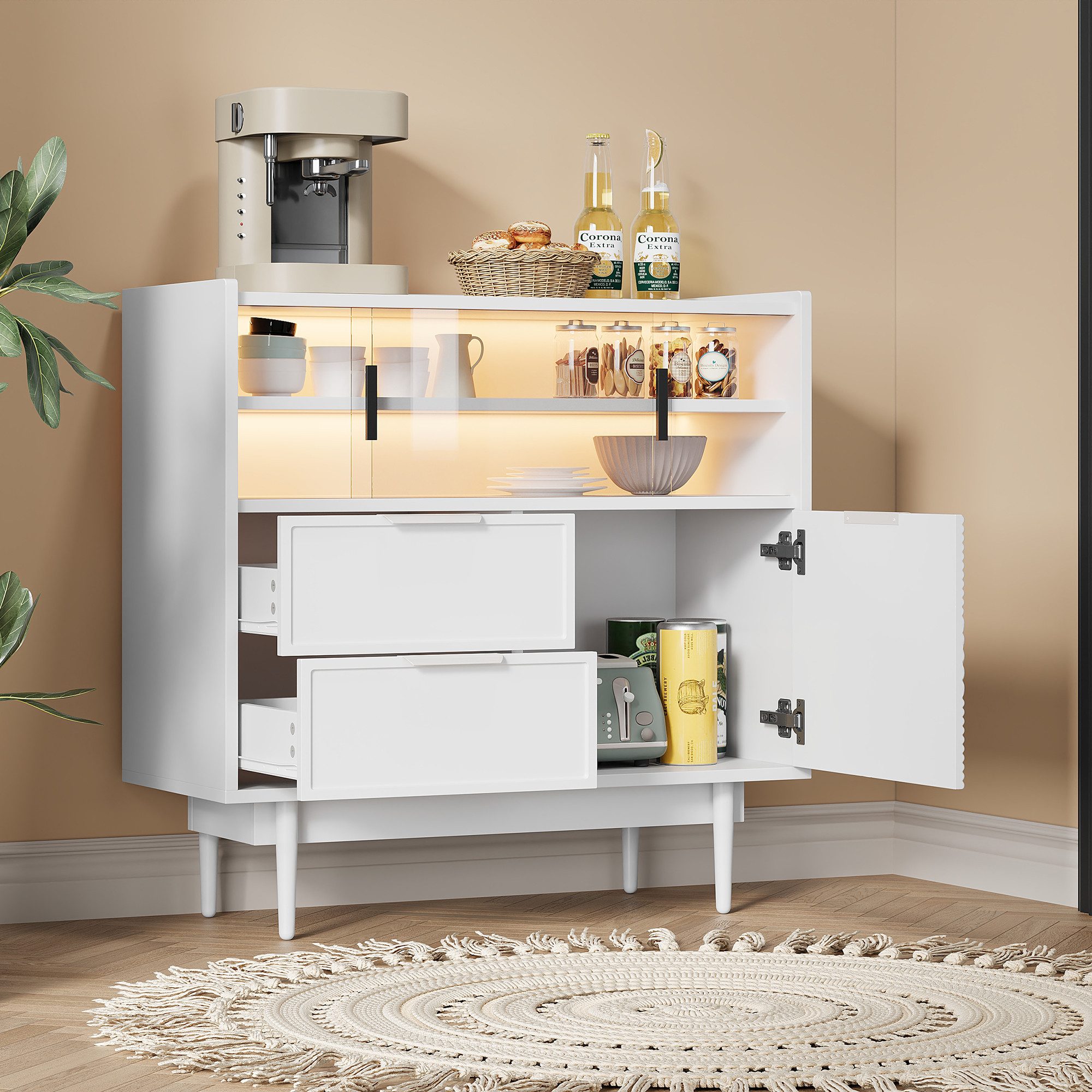 Flieks Sideboard mit 2 Schubladen und 2 Glasschiebetüren (1 St., B80/T35/H80 cm), Kommode mit LED-Beleuchtung Wohnzimmerschrank Weiß, Metallbeine