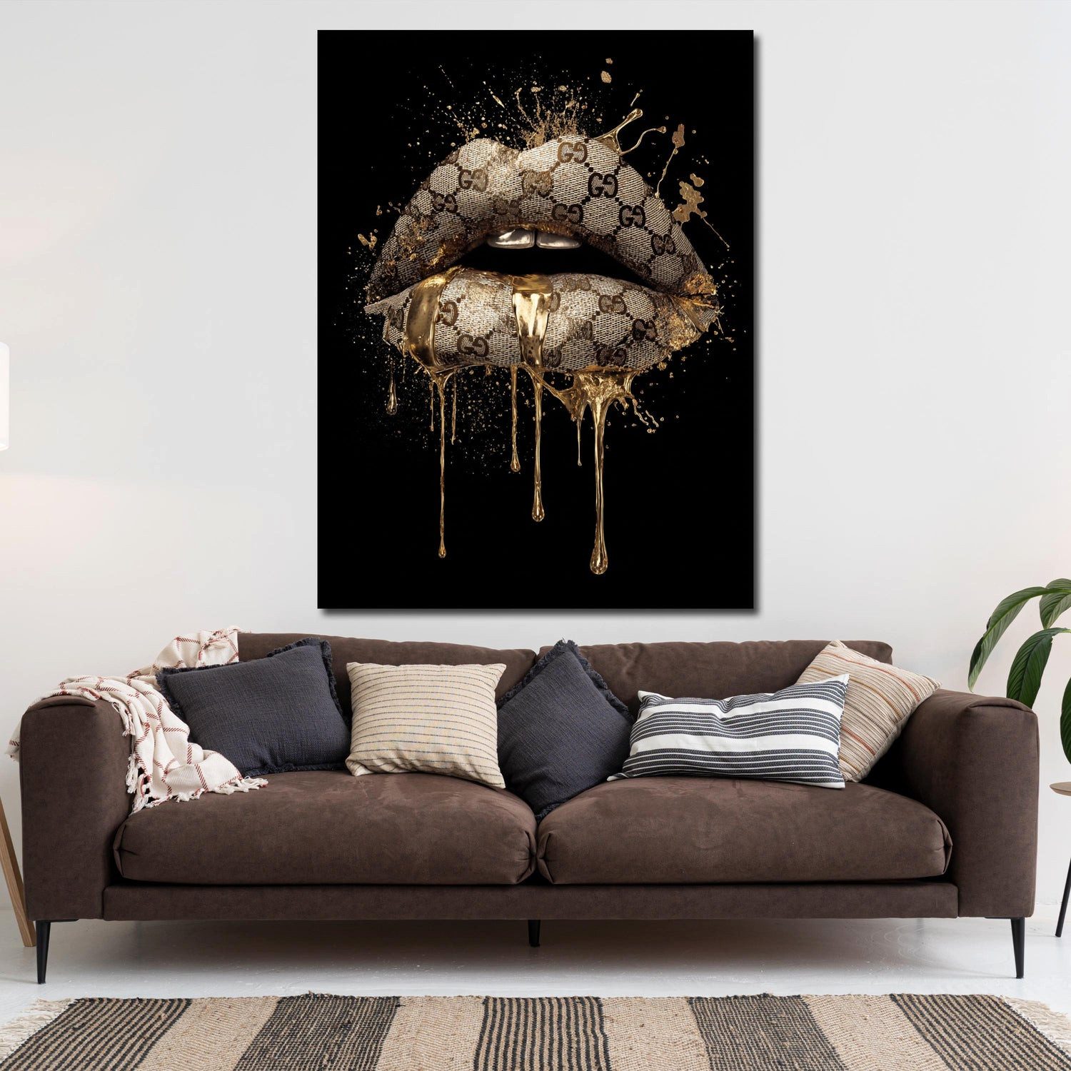 Artedinoi Leinwandbild Goldene Lippen Luxus Kunst Mode Leinwandbild Wandbild Kunstdruck XL Wa, Goldene Lippen, Luxus