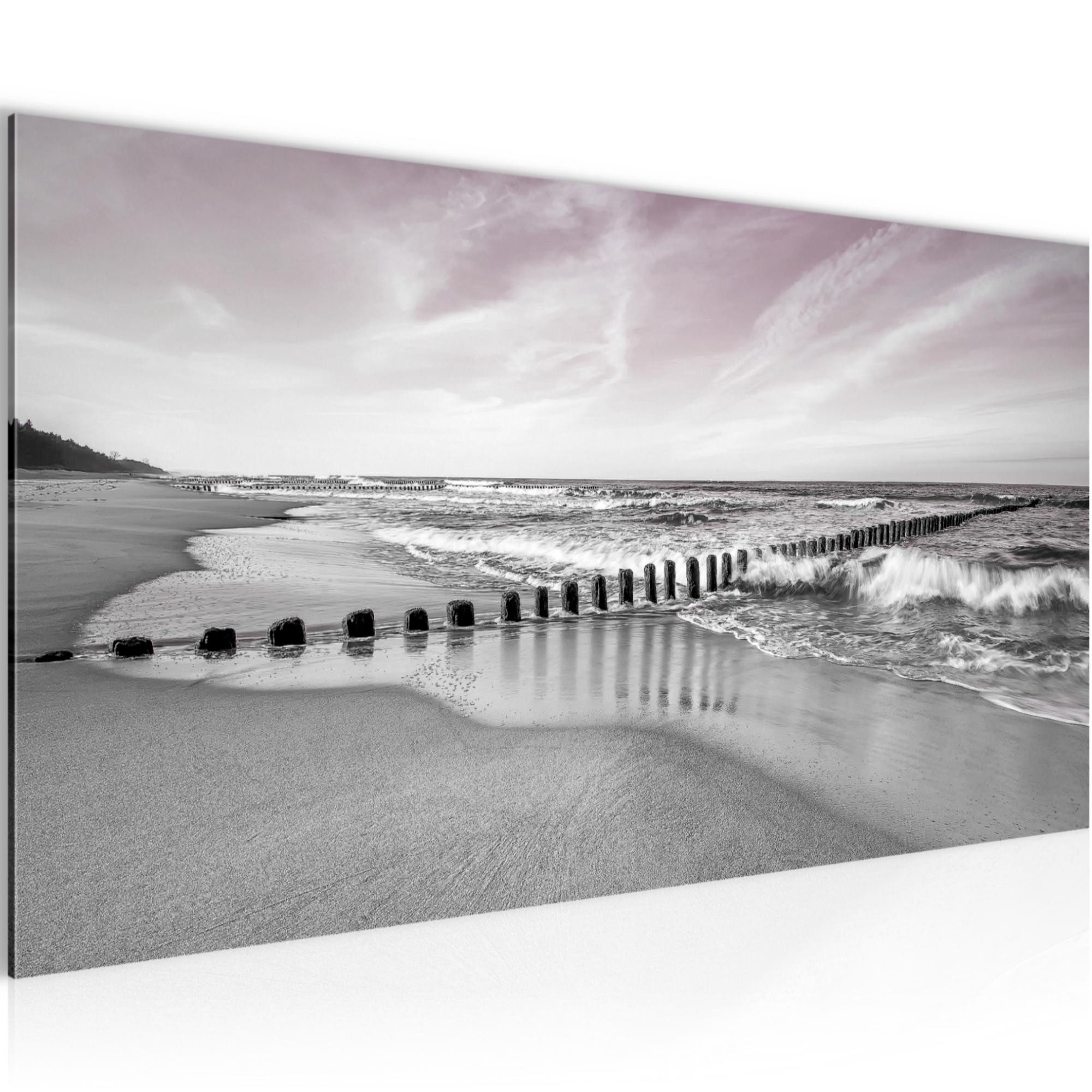 Runa Art Wandbild Strand Meer Modern Bild auf Vlies Leinwand Landschaft Grau Rosa 0252, 100L x 40B cm