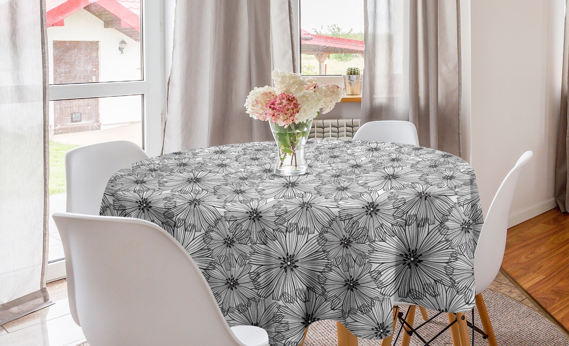 Abakuhaus Tischdecke Kreis Tischdecke Abdeckung für Esszimmer Küche Dekoration, Blumen Monochrome Hand gezeichnete Blüten