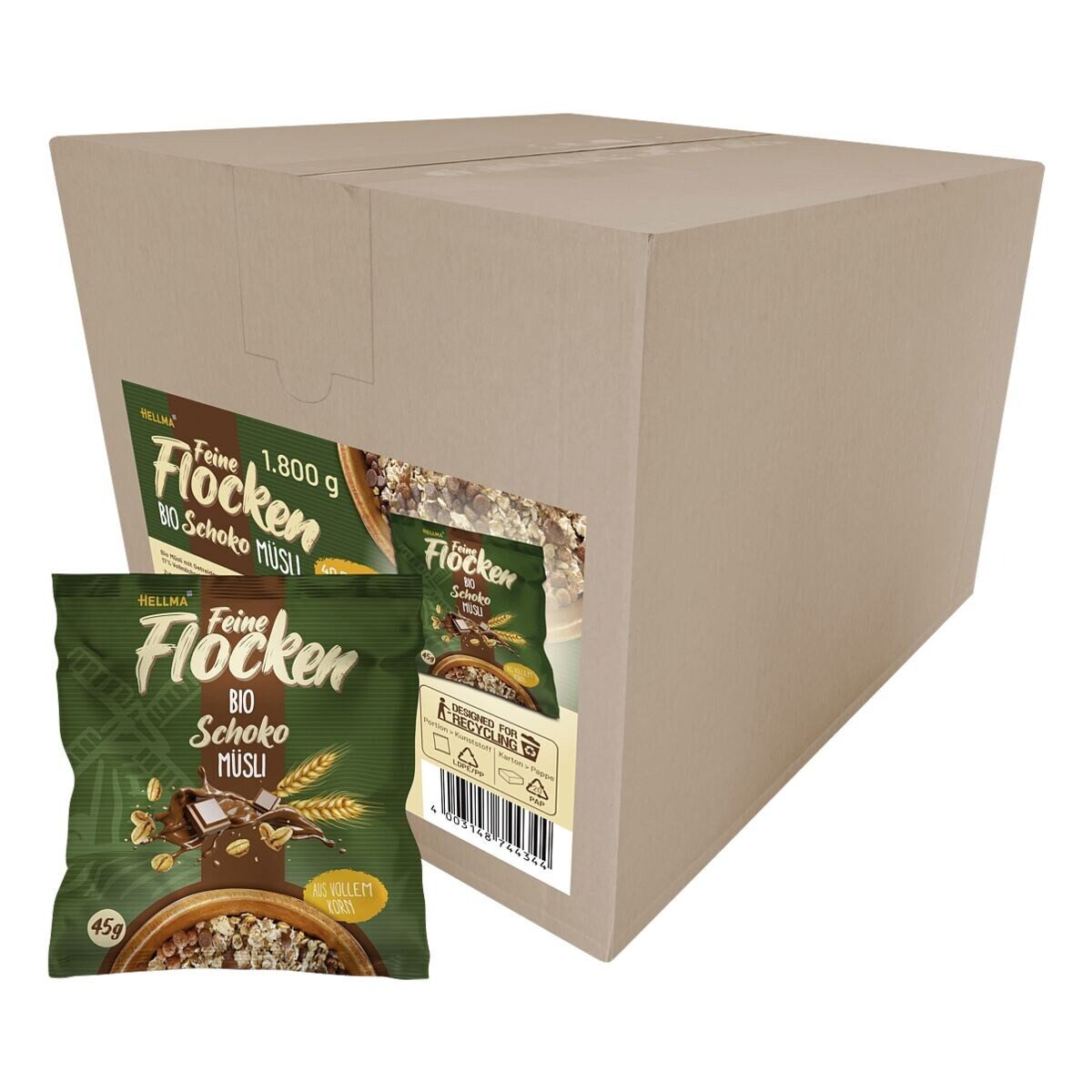 Hellma Cerealien Bio Schoko Müsli, 40x 45 g, Einzelportionen