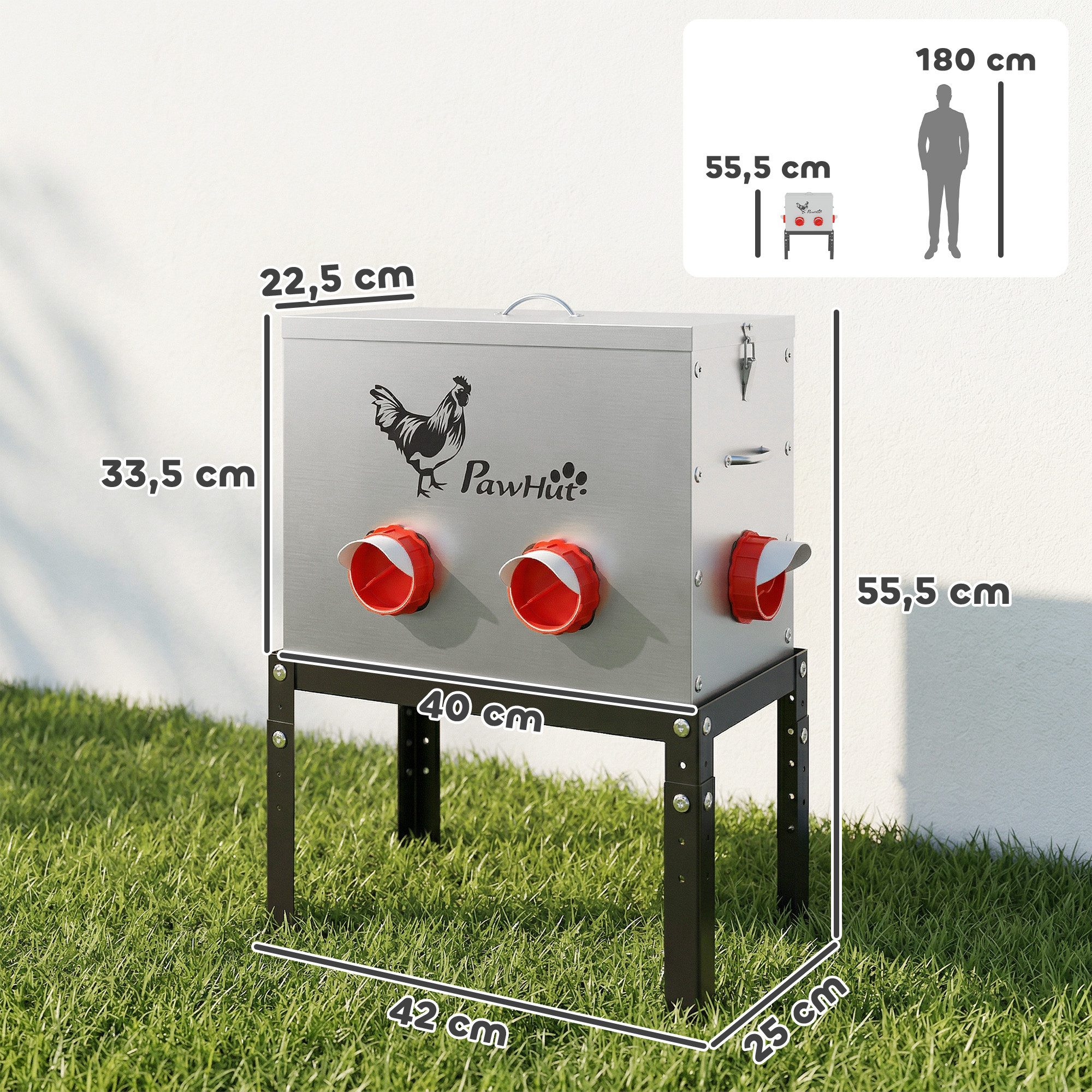 PawHut Futterautomat Hühner Futterspender mit abschließbarer Deckel verstellbarer Beine, 18 kg Füllmenge Silber 42 x 25 x 55,5 cm