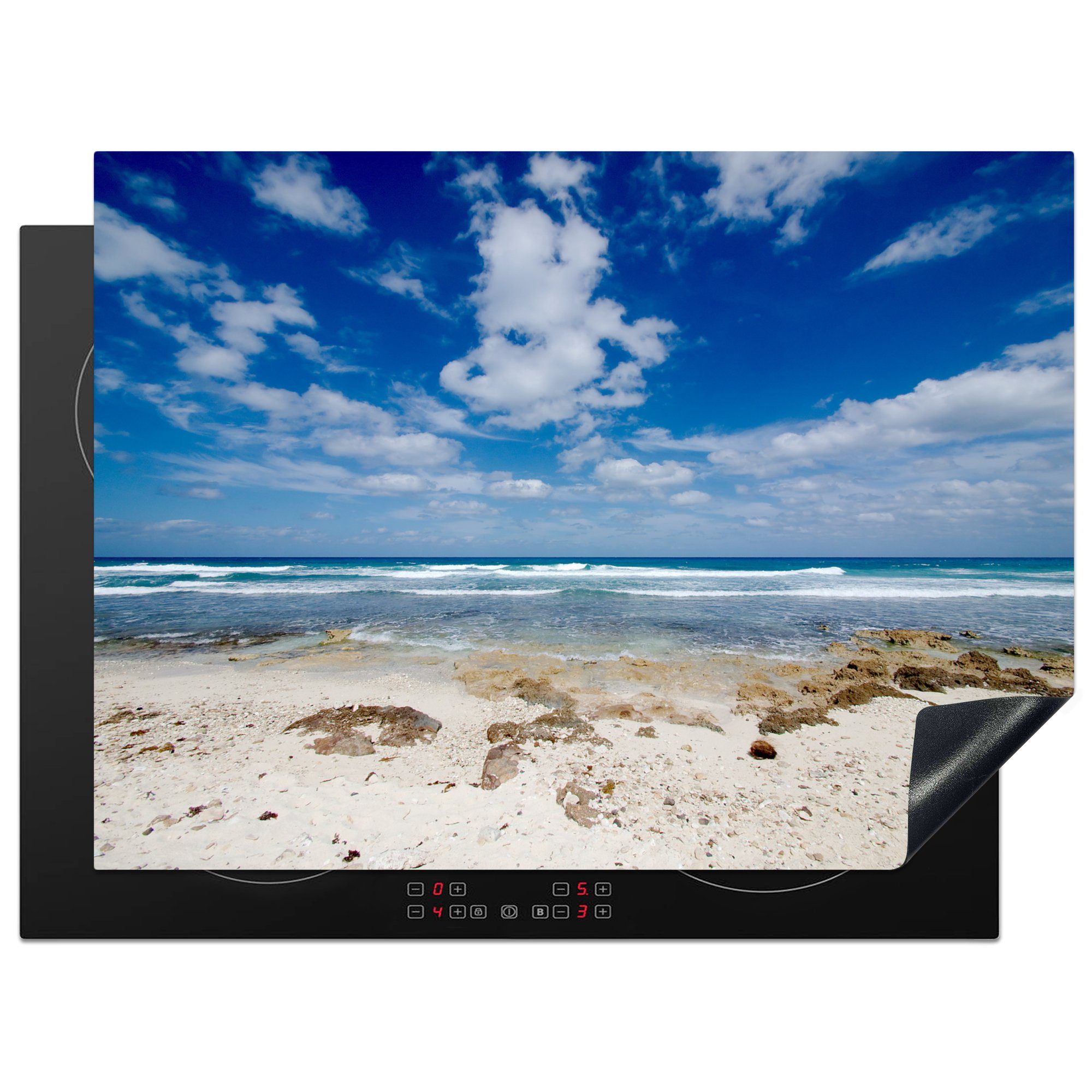 MuchoWow Herdblende-/Abdeckplatte Blauer Himmel mit Wolken am Strand von Isla Mujeres in Mexiko, Vinyl, (1 tlg), 70x52 cm, Mobile Arbeitsfläche nutzbar, Ceranfeldabdeckung