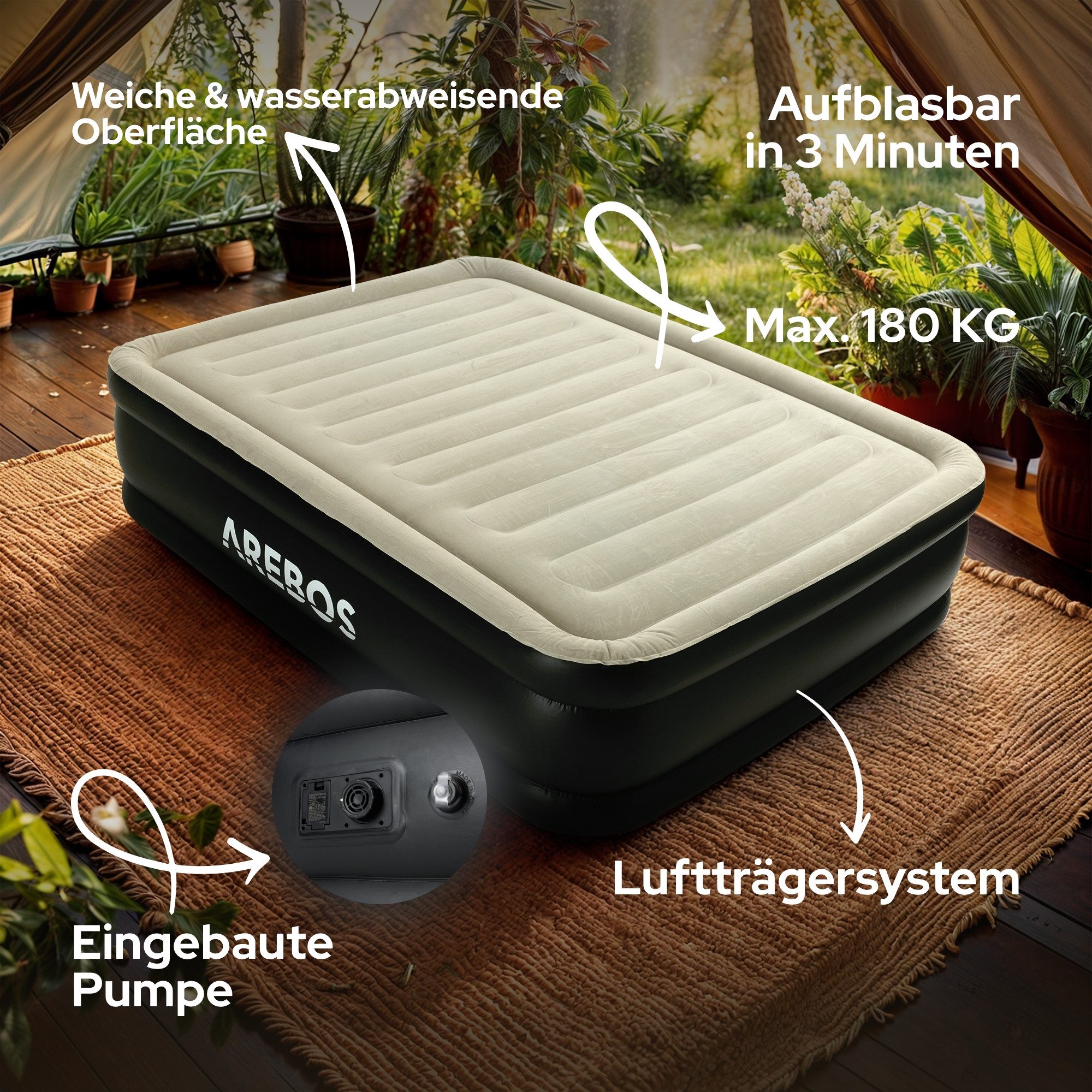 Arebos Luftbett mit integrierter Pumpe Luftmatratze selbstaufblasend Gästebett, (Grau / Anthrazit), 203 x 152,5 x 51 cm