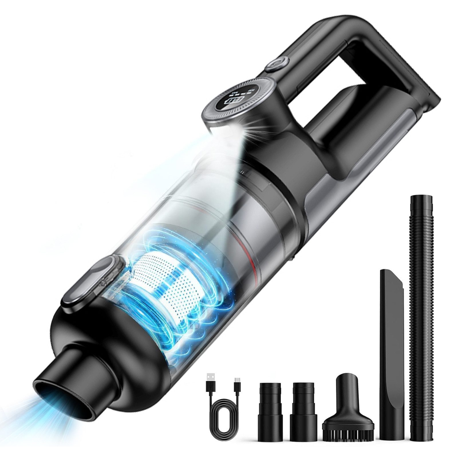 OKWISH Akku-Hand-und Стальной пылесос Kabellos Autostaubsauger Auto Пылесосы Handsauger, 100,00 W, Beutellos, 19000 Pa 6000mAh Akku mit LED für Auto Haus Büro Küche Tierhaare