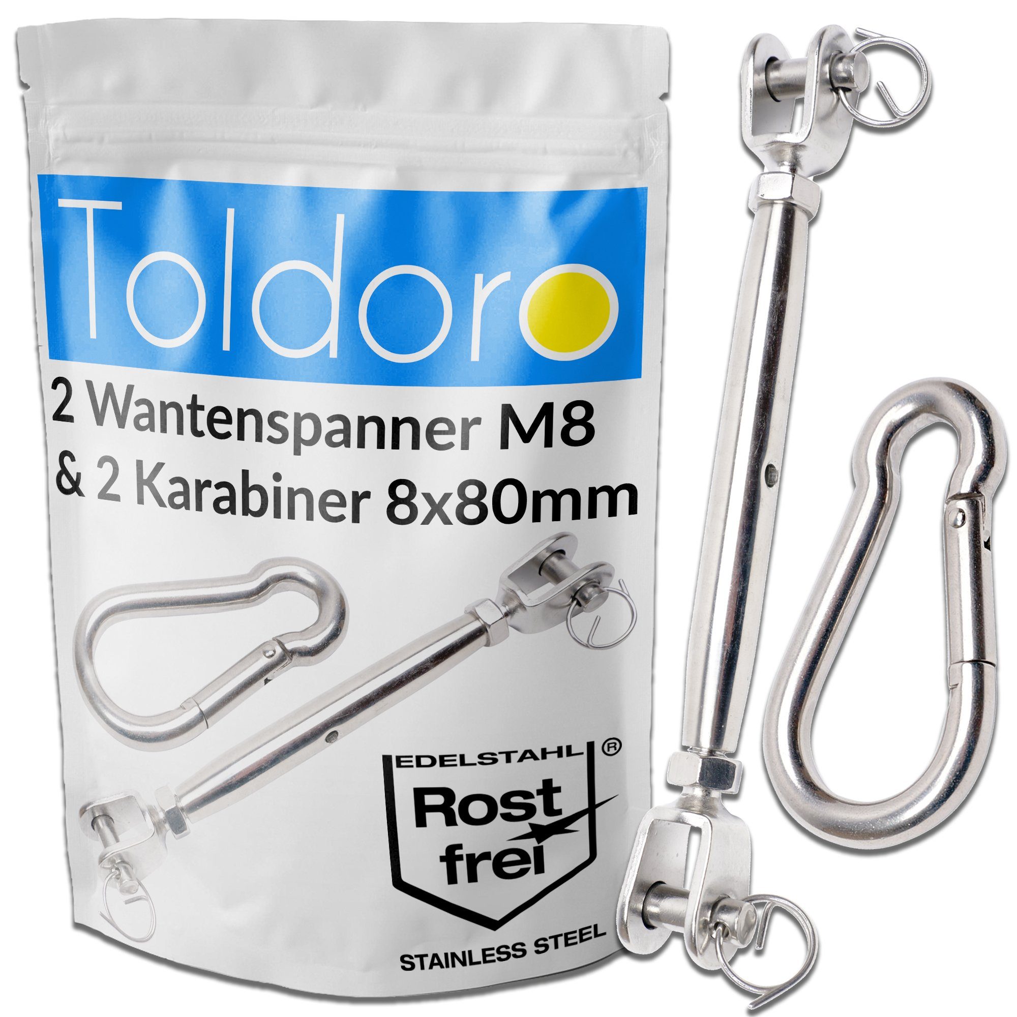 Toldoro Spannschloss Sonnensegel Spannset Edelstahl rostfrei - Sonnensegel Spanner M8 & Karabiner 80mm, 2-tlg., Sonnensegel Spannset Edelstahl - Sonnensegel Spanner M8 & Karabiner 80mm