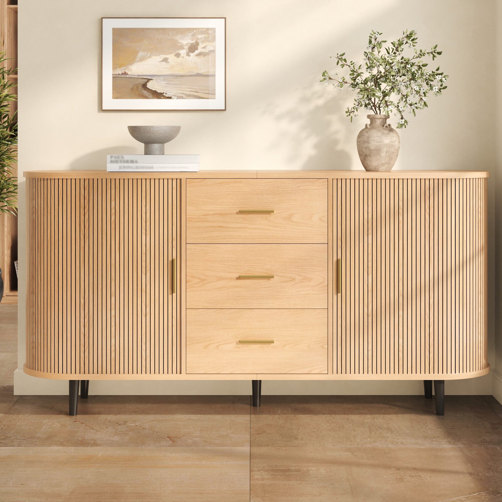 Odikalo Sideboard Schrank Kommode mit Schubladen und Schiebetüren gebogenes (Mehrzweckschrank Aufbewahrungsschrank mit drei Schubladen mittig und Schiebetüren an den Seiten gebogenes Design mit vertikaler Rillenverkleidung Metallgriffe Rohr-Eisenfüße)