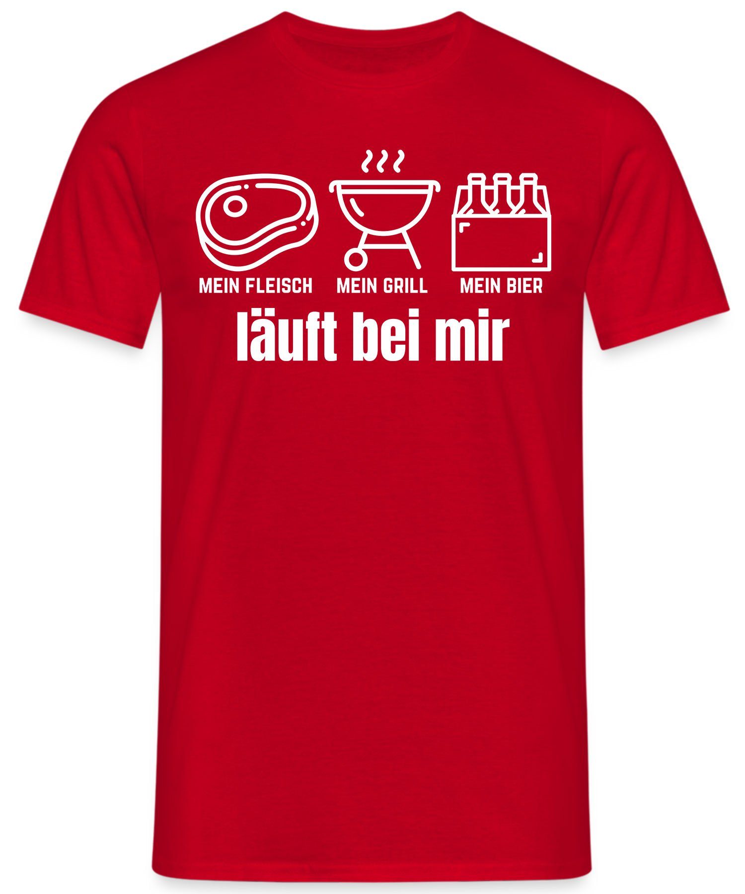 Lustiger Fleisch Grillmeister Grillen Kurzarmshirt Bier Statement Quattro Herren Rot (1-tlg) - Spruch Formatee
