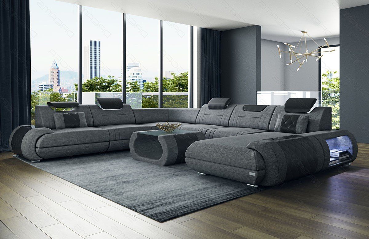 Sofa Dreams Polsterstoff Sofa Strukturstoff Rimini Wohnlandschaft grau-schwarz XXL Stoffsofa, Bettfunktion wahlweise Couch Stoff H mit