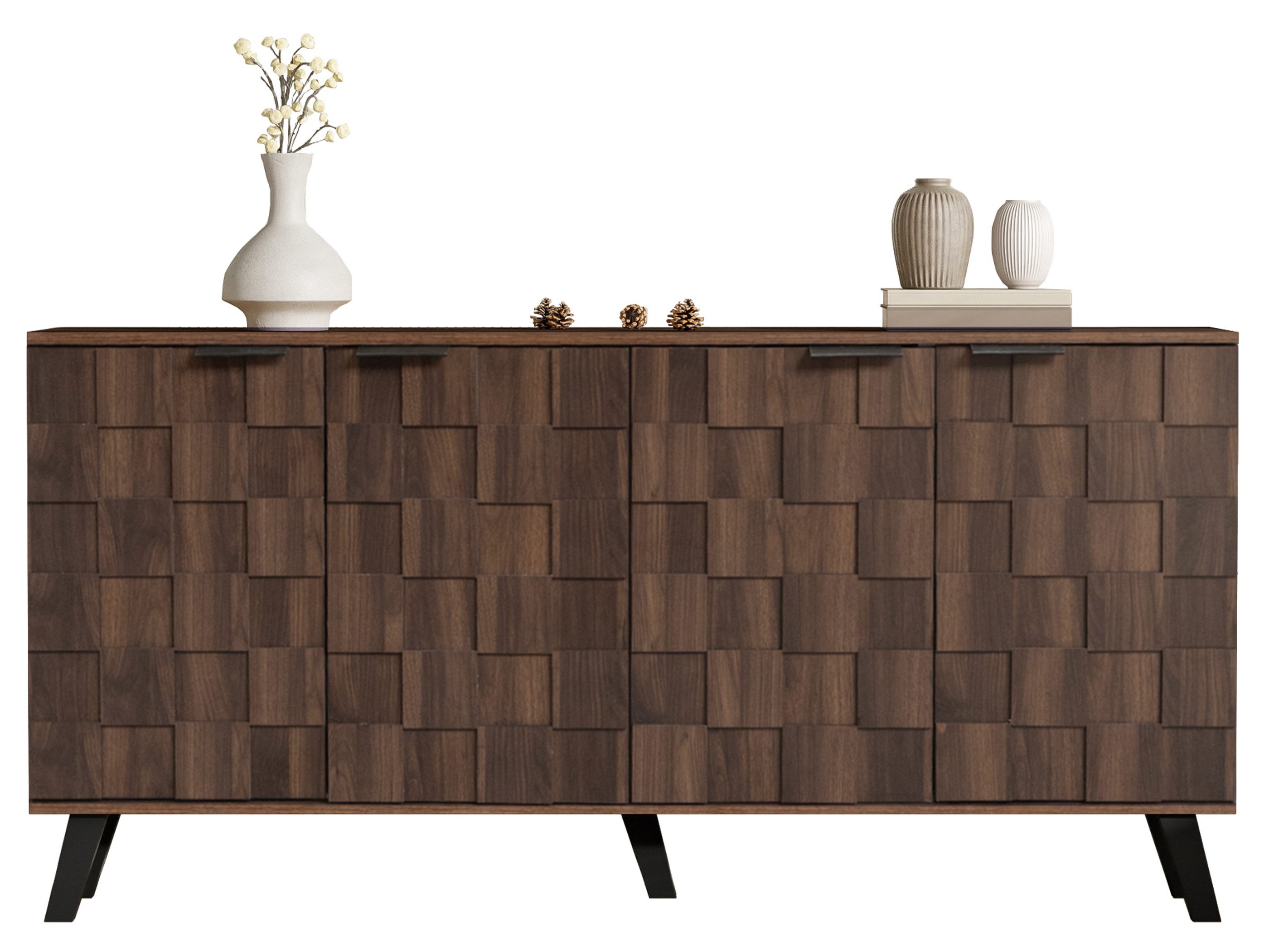 SeedWave Sideboard Karierter Schrank Atmungsaktive Kommode von Holzmaserung mit 4 Türen, 2 Rückseitige Löcher zur Wandbefestigung, verstellbare Einlegeboden