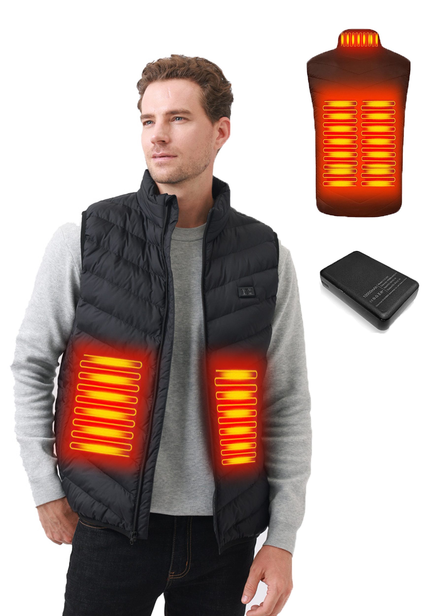 Mincoo Funktionsweste Beheizbare Weste für Herren,Elektrische USB Heizwesten Mit 5V 10000 mAh Akku,Winter Warme Jacke Weste