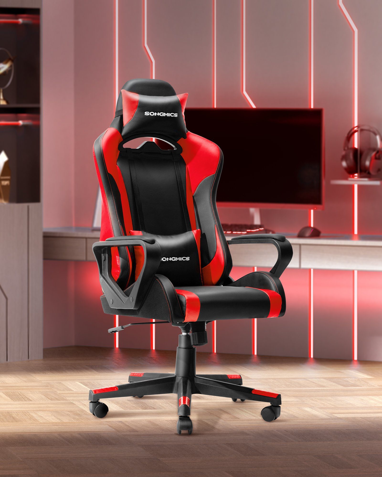 SONGMICS Gaming Chair, ergonomisch, höhenverstellbar, Wippfunktion Rot