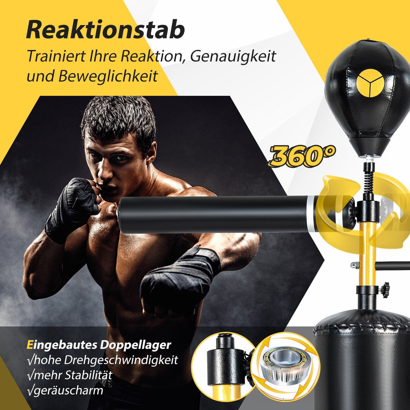 COSTWAY Standboxsack, mit 360° Reflexstange & 2 Speedbällen