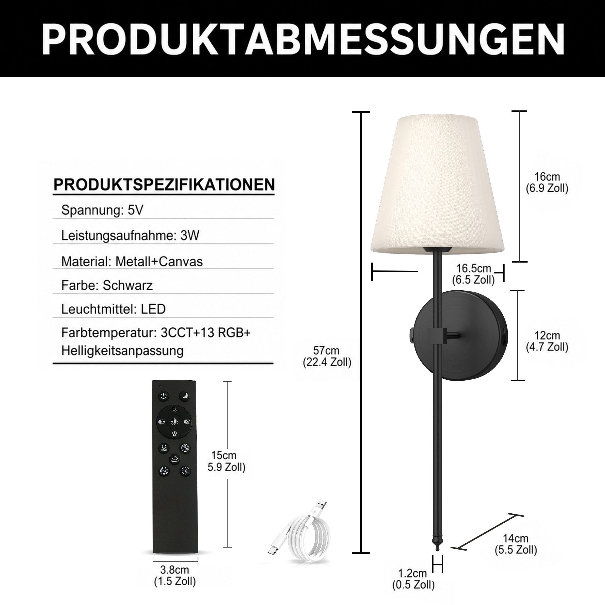 LOHAS-LED Wandleuchte Wiederaufladbare LED-Wandleuchte mit Touch & Fernbedienung, 2er Set, LED fest integriert, 7 RGB-Farben, Dimmbar, 3 CCT + 7 RGB, Schwarz, 57 cm Höhe