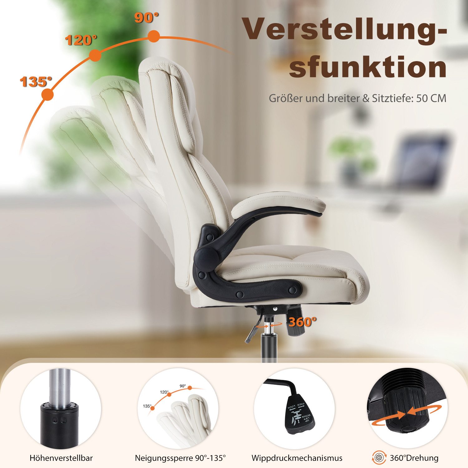 DUMOS Chefsessel Ergonomic Bürostuhl Pu-Leder Office Chair Armlehnen Drehbaren Rädern, Höhenverstellung