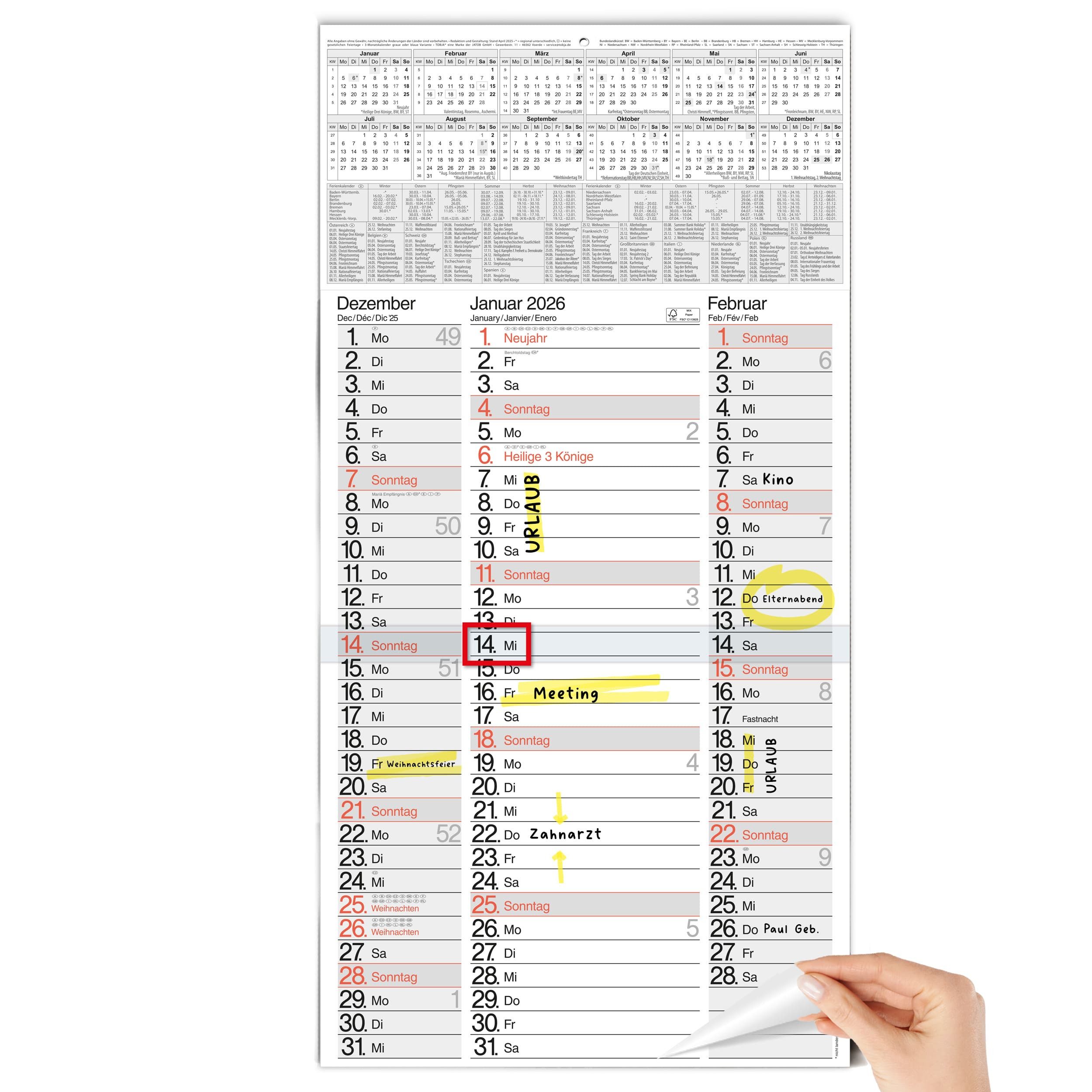 TOBJA Настенный календарь 3 Monatskalender 2026 Настенный календарь mit Schieber, nebeneinander, Календари 2026 Настенный календарь, gefalzt!