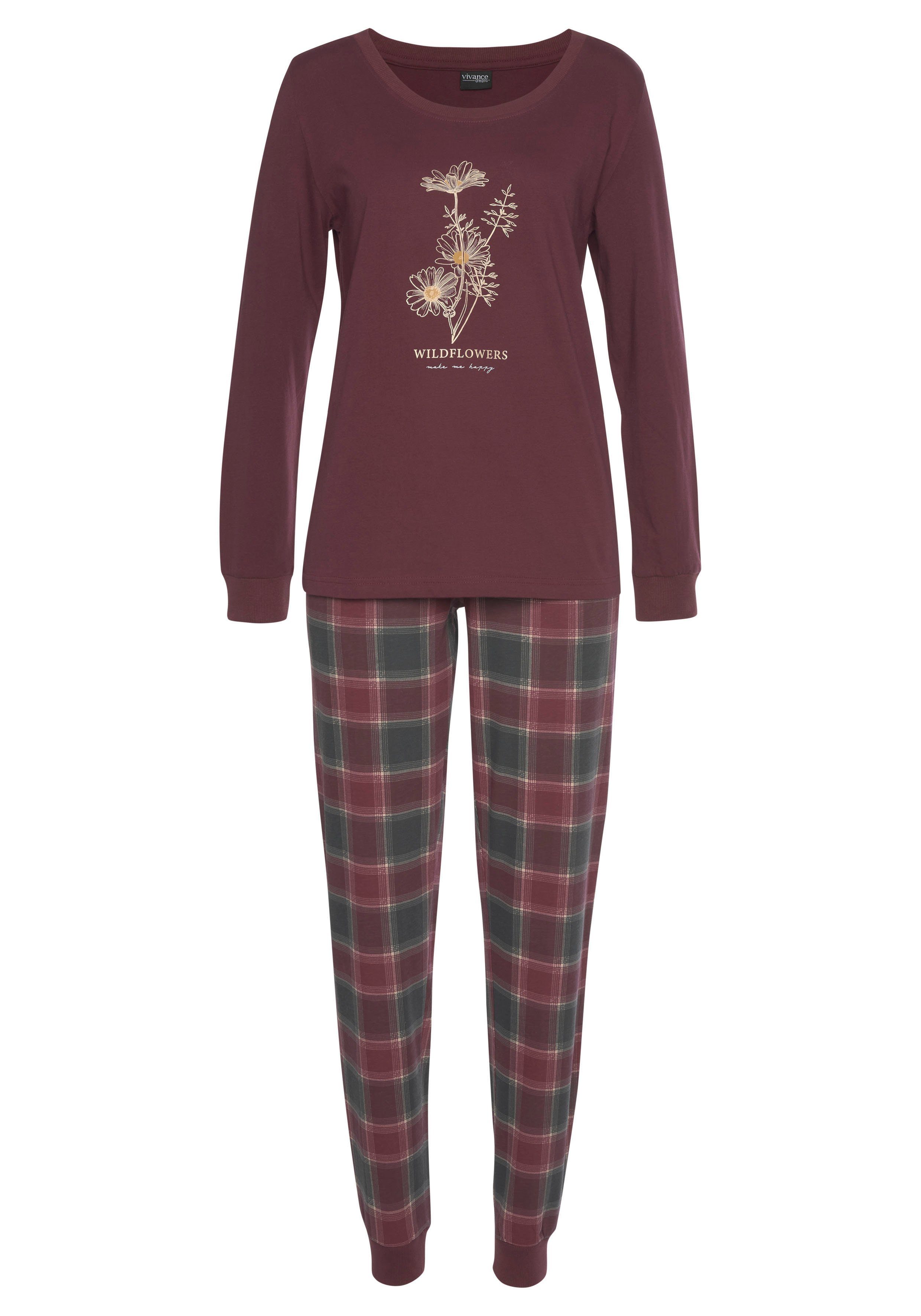 Pyjama bordeaux-kariert, (Packung, kariert-hellblau Stück) Frontdruck 4 tlg., mit 2 Dreams Vivance