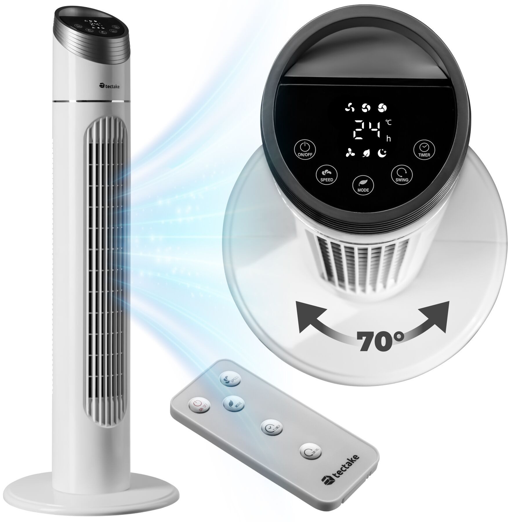 tectake Turmventilator Standlüfter in weiß, oszillierend, Inkl. Fernbedienung, 31 x 90 cm, 3 Modi, mit Timer-Funktion, Touch-Bedienfeld mit LED-Beleuchtung