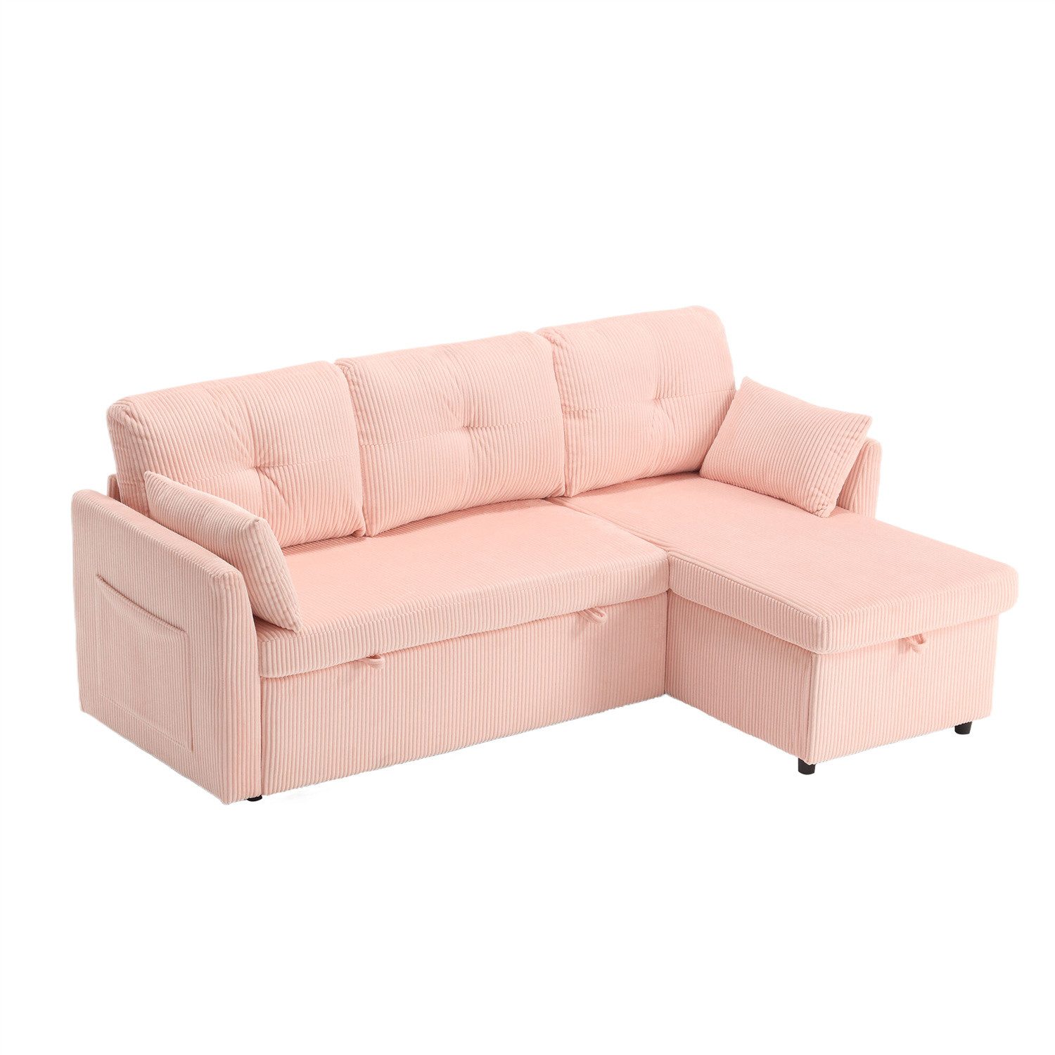 Produktbild von KUAKE Modernes L-förmiges Sofa, Modulares Schlafsofa, Ausziehbares Schlafsofa Mit Schlaffunktion, Ausgestattet Mit Stauraum, Herunterziehbarem Getränkehalter, Leinenstoff (Beige - 3 Seat