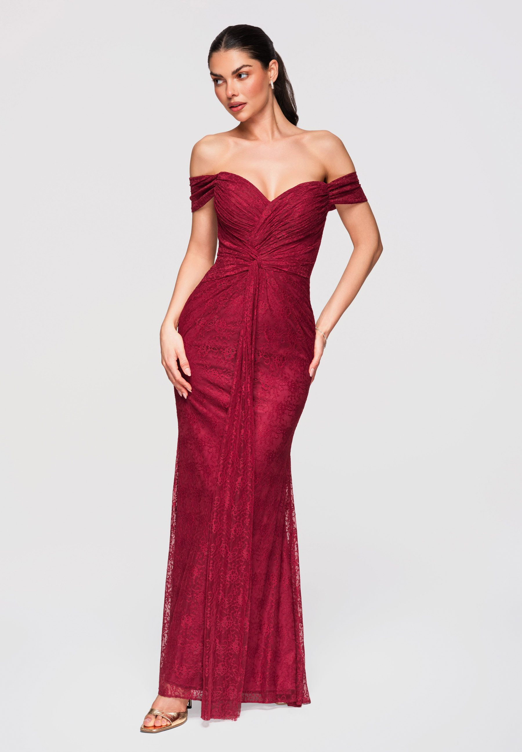 OMBRE Abendkleid Maxikleid Abendkleid Figurbetont Elegant Dunkelrot M (kein Set, 1-tlg) Rückenkonstruktion mit Korsettschnürung, verdeckter Reißverschluss