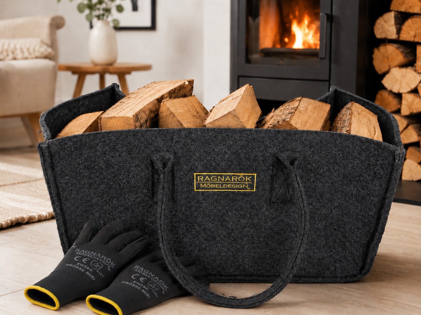 Ragnarök Möbel-Design Kaminholzkorb Kaminholztasche Ragnarök Möbeldesign inkl. Handschuhe