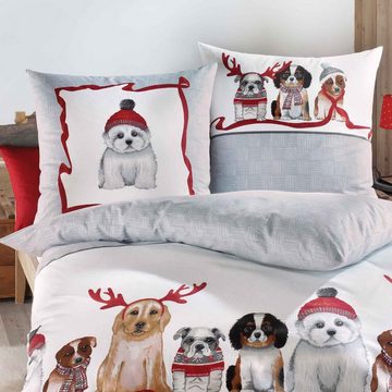 Bettwäsche Dogs, TRAUMSCHLAF, Biber, 2 teilig, Weihnachtsbettwäsche mit Hunden