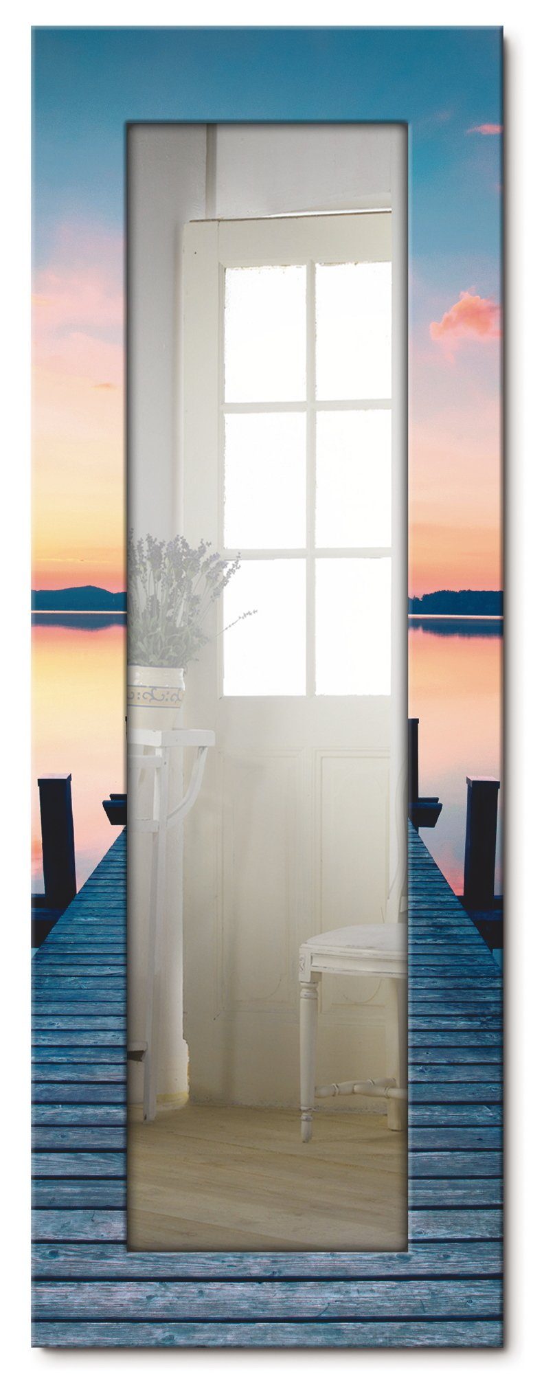 Ganzkörperspiegel, See gerahmter Dekospiegel Sonnenaufgang, Landhaus Langer Pier mit im am Wandspiegel, Motivrahmen, Artland