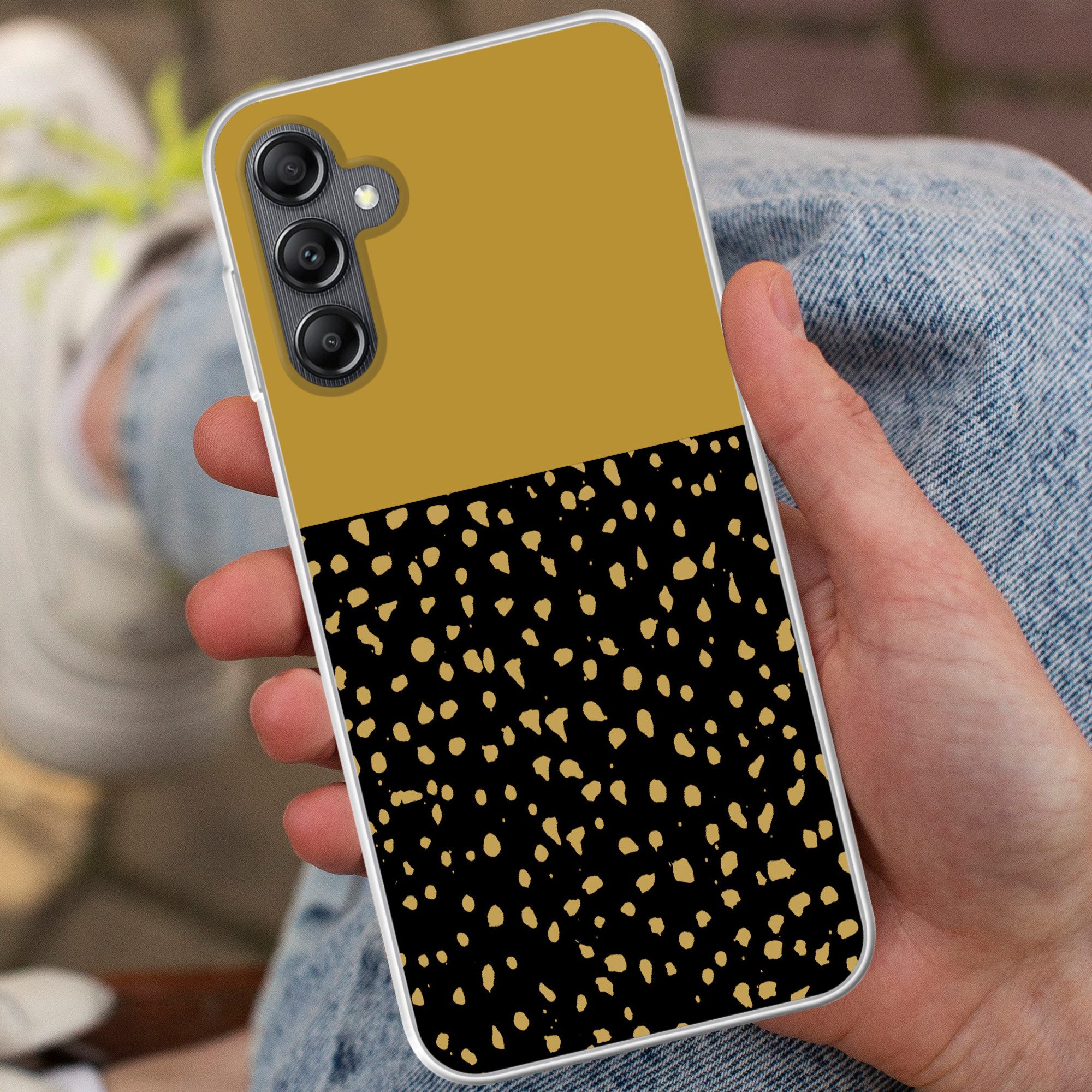MuchoWow Handyhülle für Samsung Galaxy A14 5G Polka dots - Ockergelb - Schwarz, Smartphone-Bumper, Print, Handy Schutzhülle Dünn