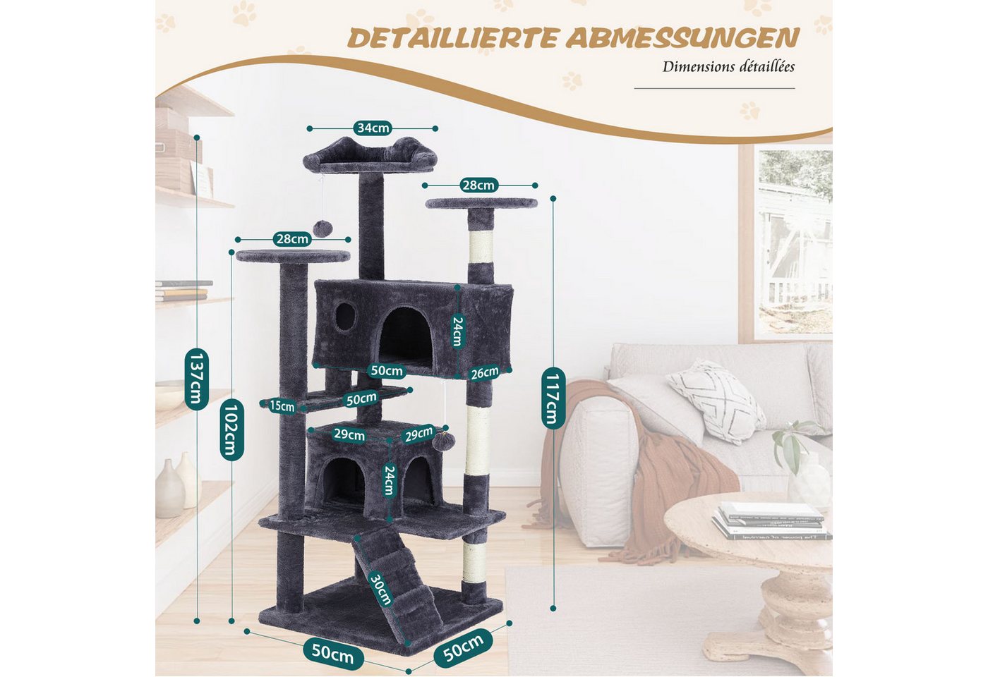 Thumbnail - Refined Living Kratzbaum Kratzbaum Stabiler Katzenbaum Katzenkratzbaum Katzenmöbel, Kletterbaum Höhe 138 cm Katzen mit 2...